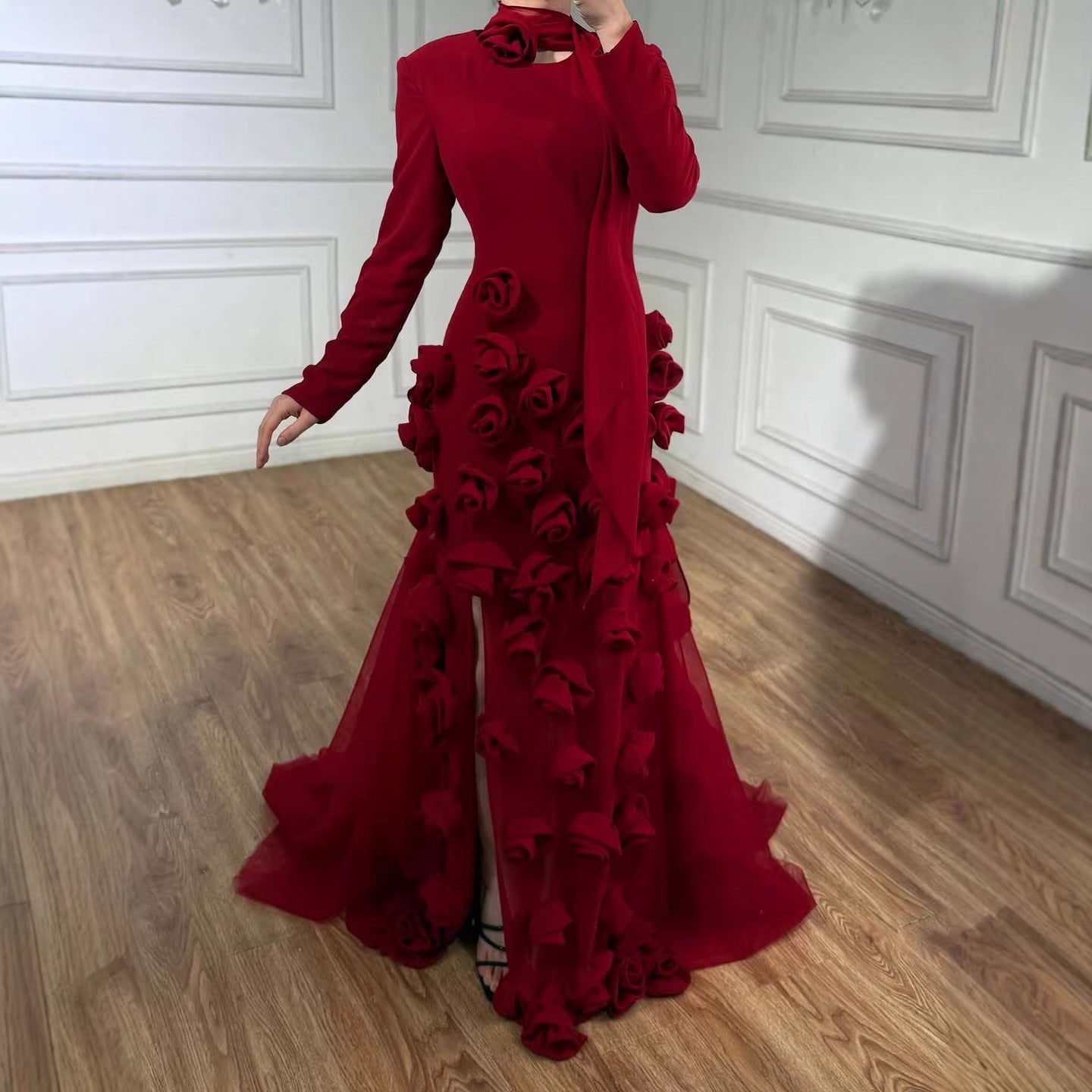 Luxury Wine Red Long Sleeve 3D Flower Slit Mermaid Evening Dress LA72568B