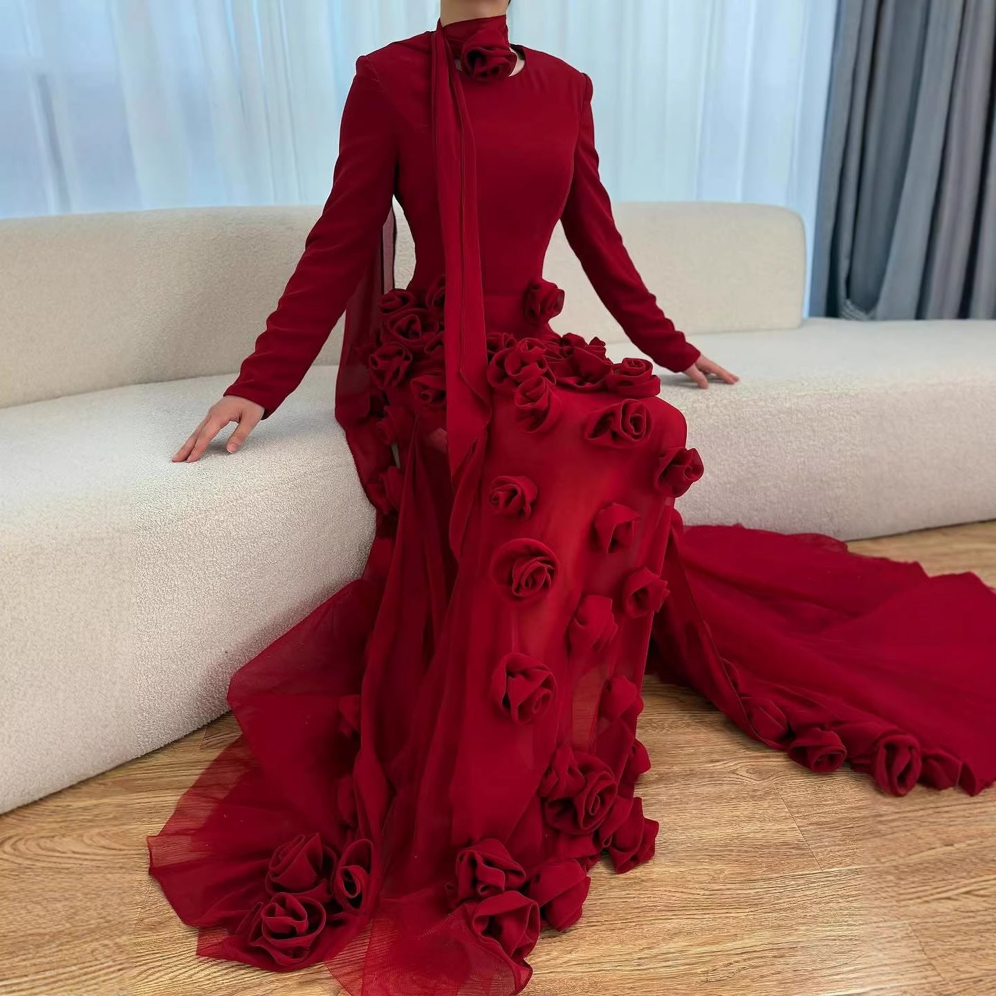 Luxury Wine Red Long Sleeve 3D Flower Slit Mermaid Evening Dress LA72568B