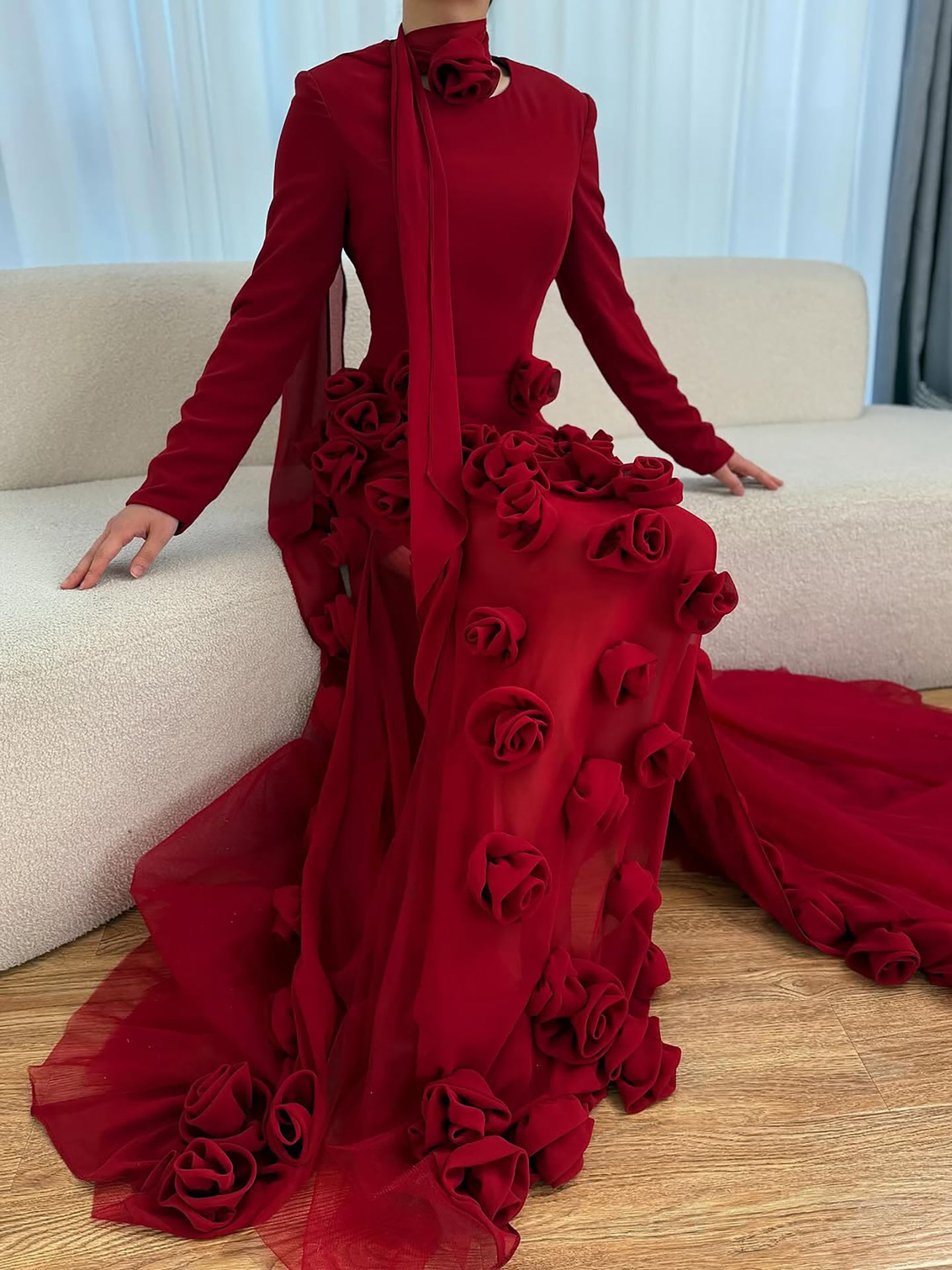 Luxury Wine Red Long Sleeve 3D Flower Slit Mermaid Evening Dress LA72568B