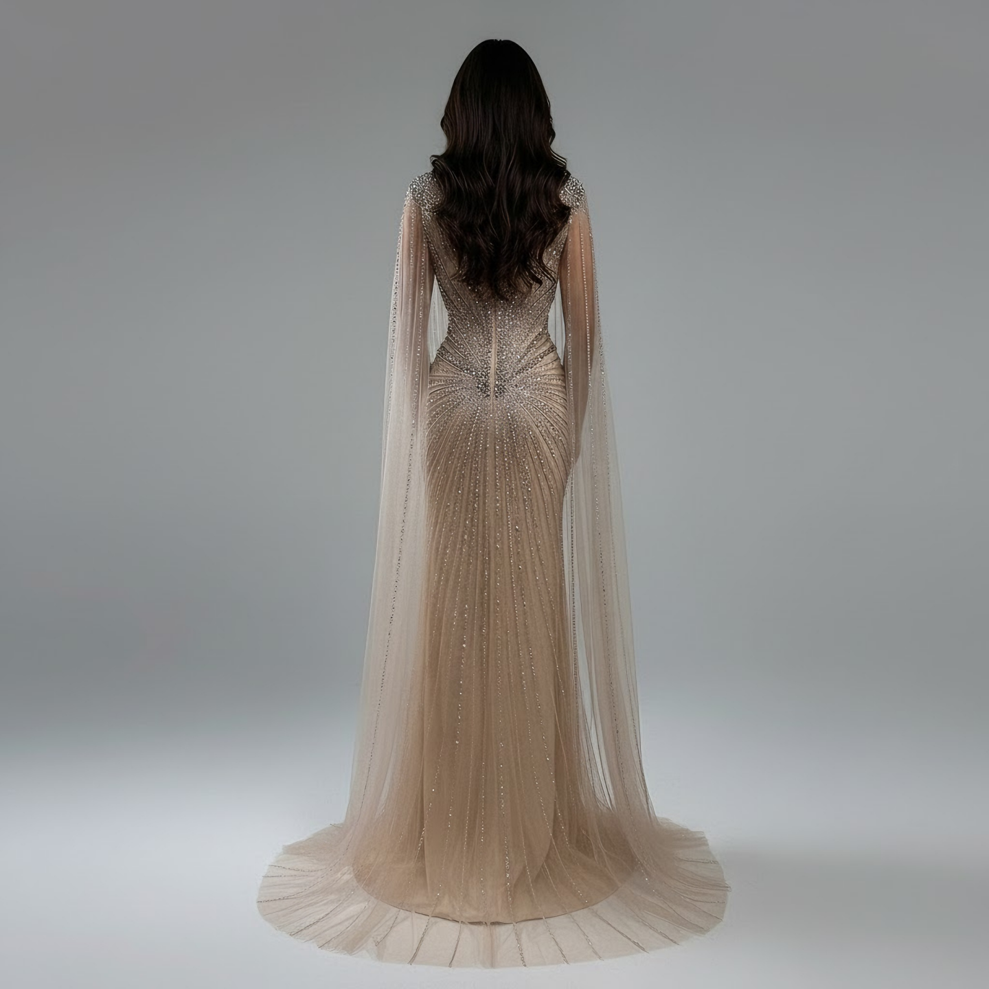 Dubai Luxury Nude Cape Sleeves Beaded Evening Dress LA72575A - SERENE HILL