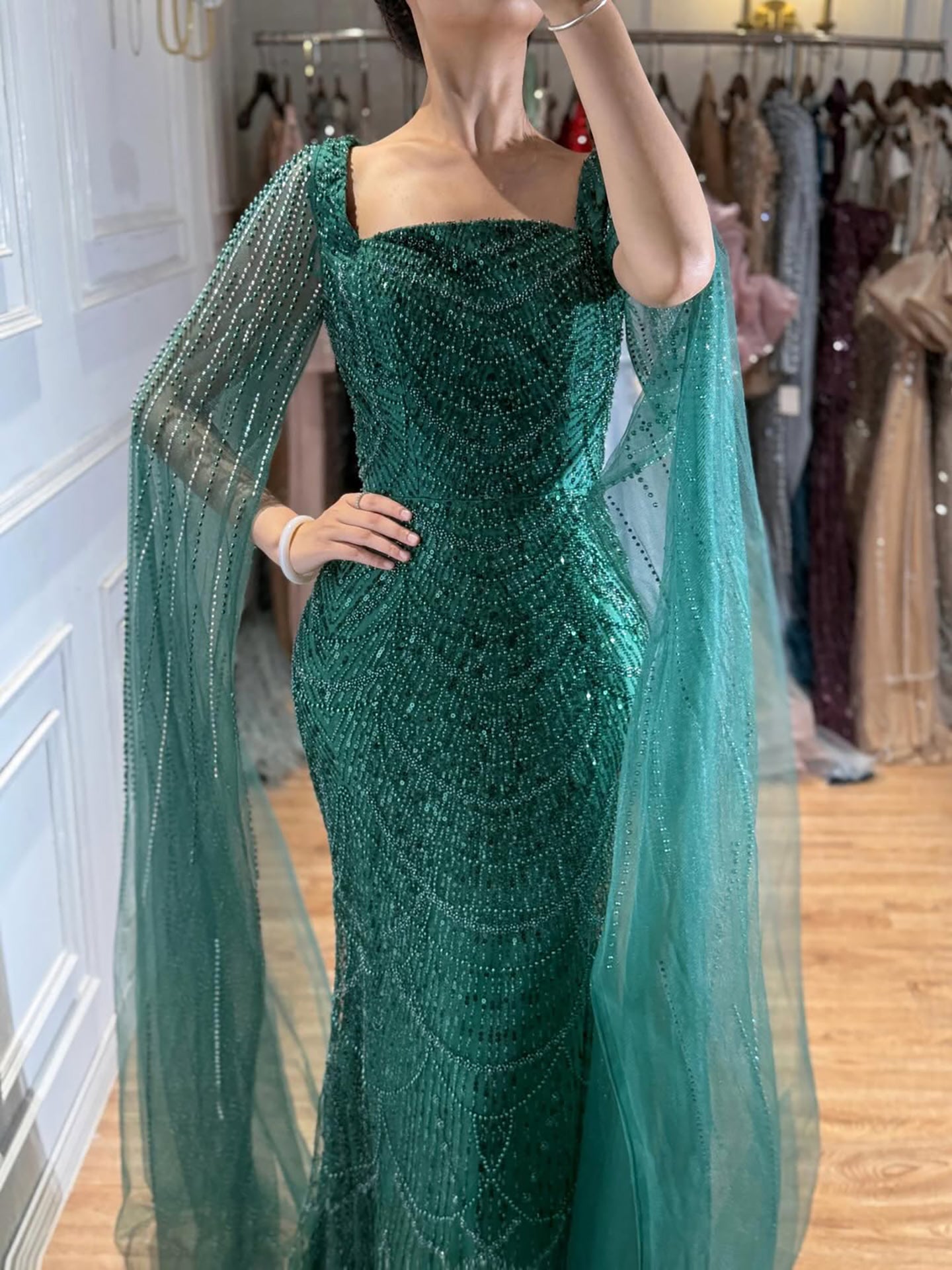 Luxury Arabic Mermaid Evening Dress with Cape Sleeves Plus Size LA72590A