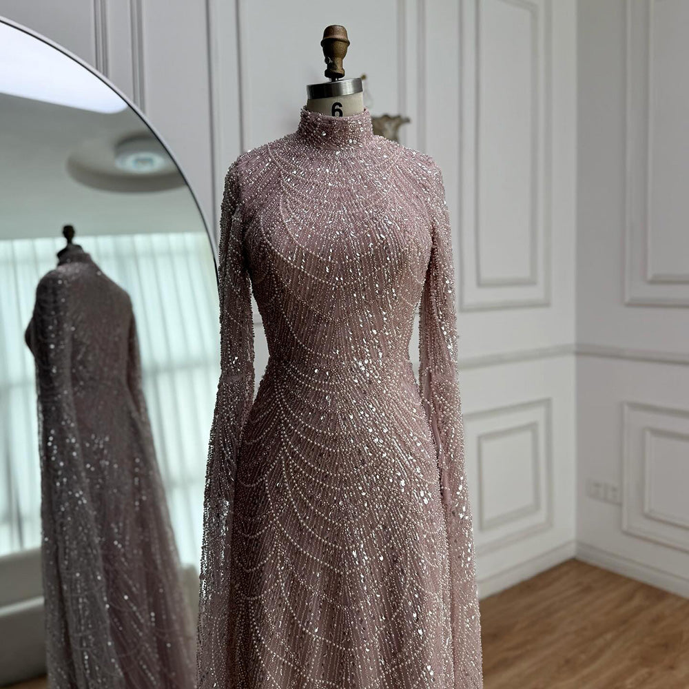 Luxury Dubai Muslim Sage Green Pearls Evening Dress With Cape Plus Size LA72591