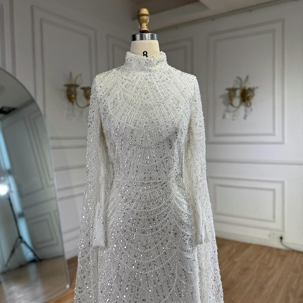 Luxury Dubai Muslim Sage Green Pearls Evening Dress With Cape Plus Size LA72591