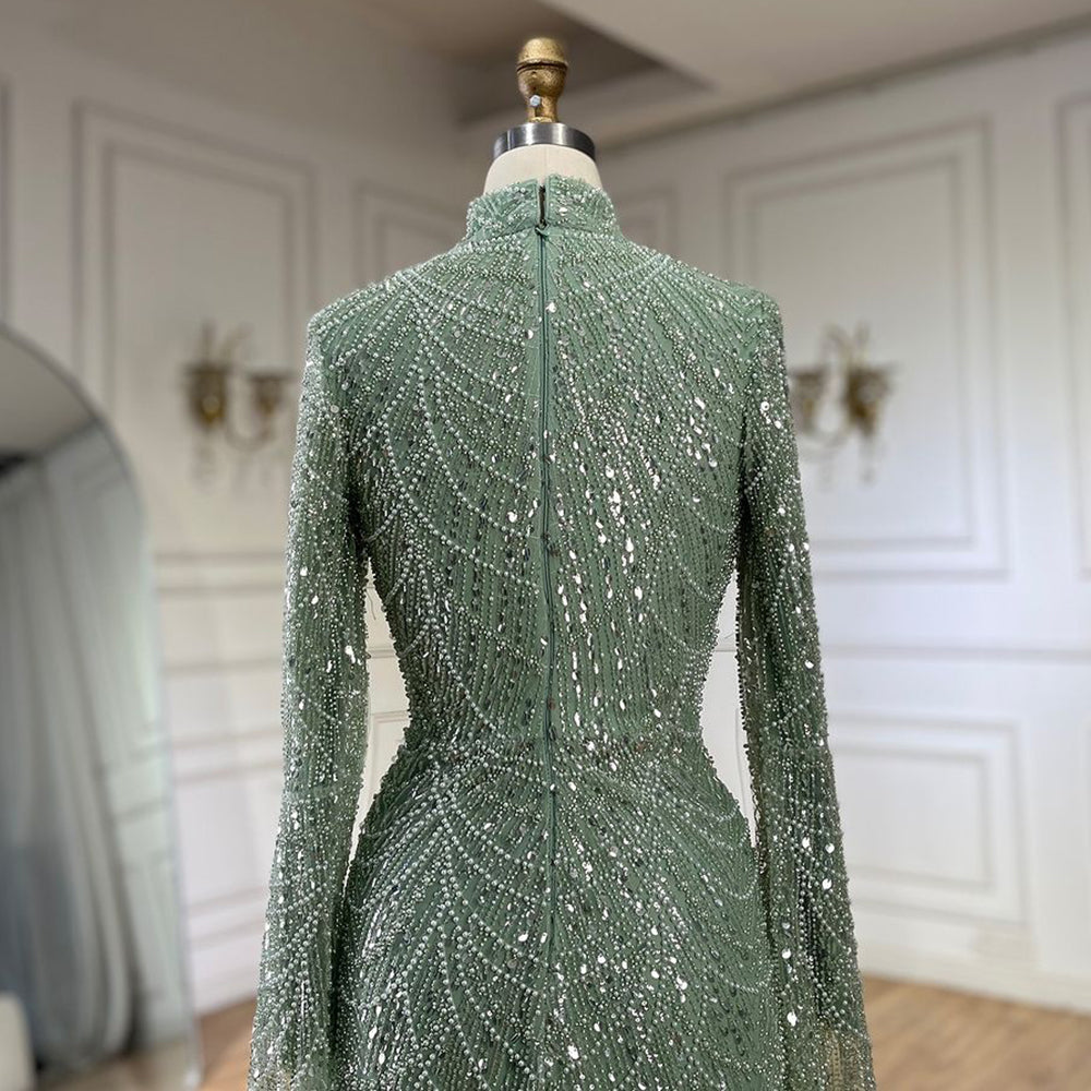 Luxury Dubai Muslim Sage Green Pearls Evening Dress With Cape Plus Size LA72591