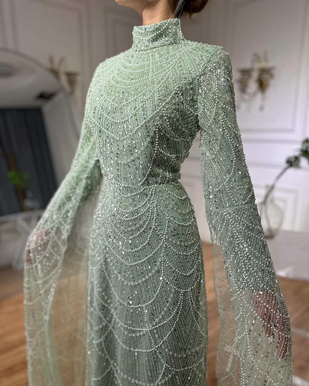 Luxury Dubai Muslim Sage Green Pearls Evening Dress With Cape Plus Size LA72591