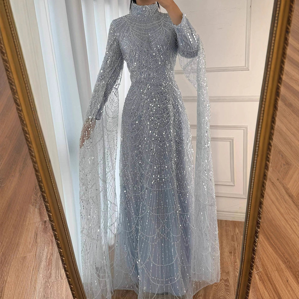 Luxury Dubai Muslim Sage Green Pearls Evening Dress With Cape Plus Size LA72591