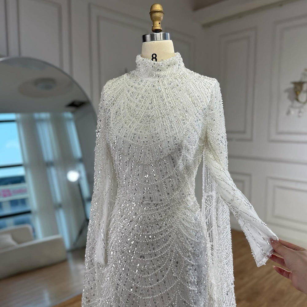 Luxury Dubai Muslim Sage Green Pearls Evening Dress With Cape Plus Size LA72591