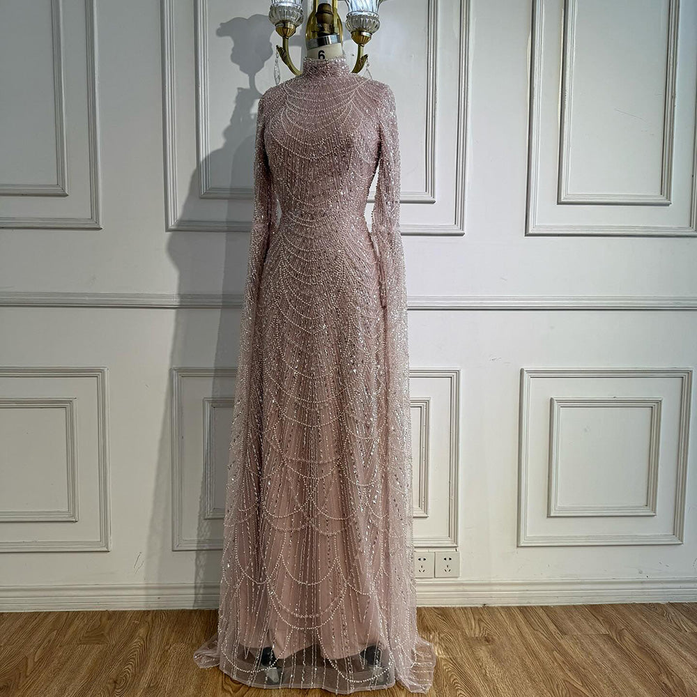 Luxury Dubai Muslim Sage Green Pearls Evening Dress With Cape Plus Size LA72591