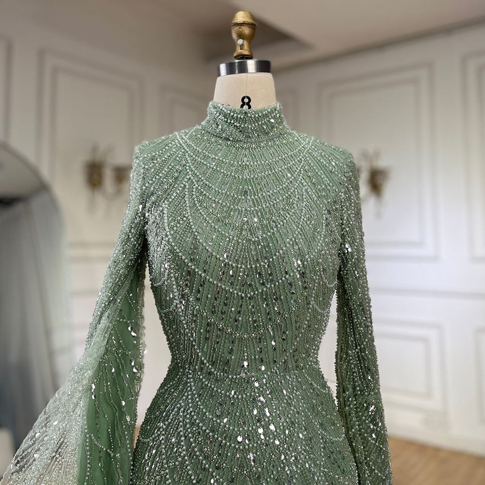 Luxury Dubai Muslim Sage Green Pearls Evening Dress With Cape Plus Size LA72591