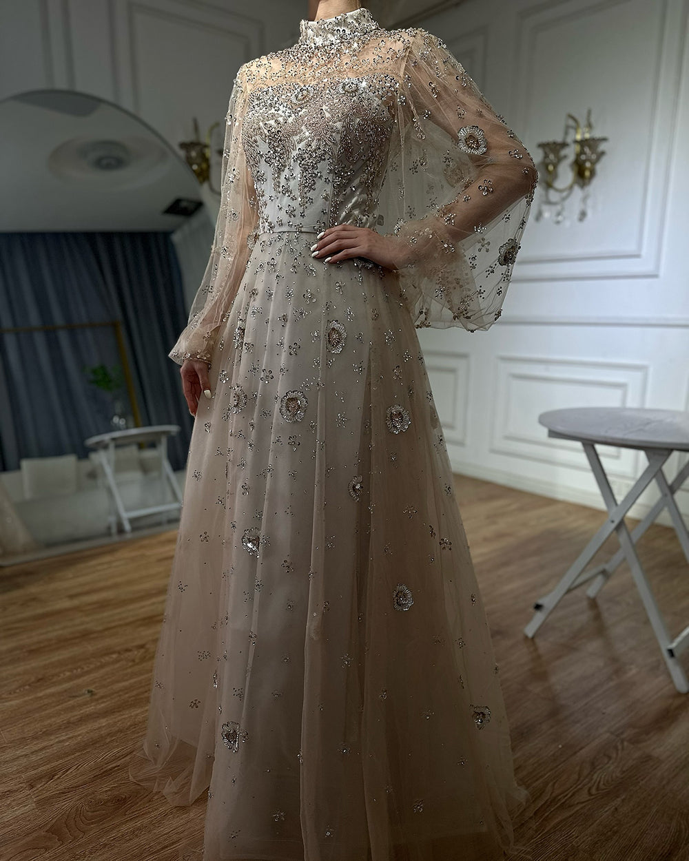 Elegant Champagne Evening Dress with Long Sleeves LA72594