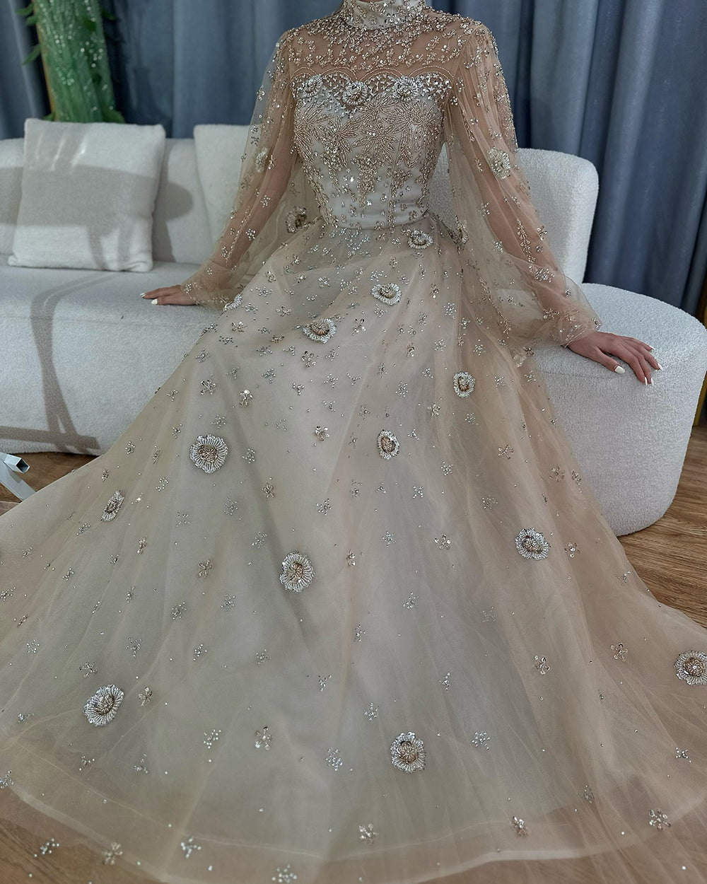 Elegant Champagne Evening Dress with Long Sleeves LA72594