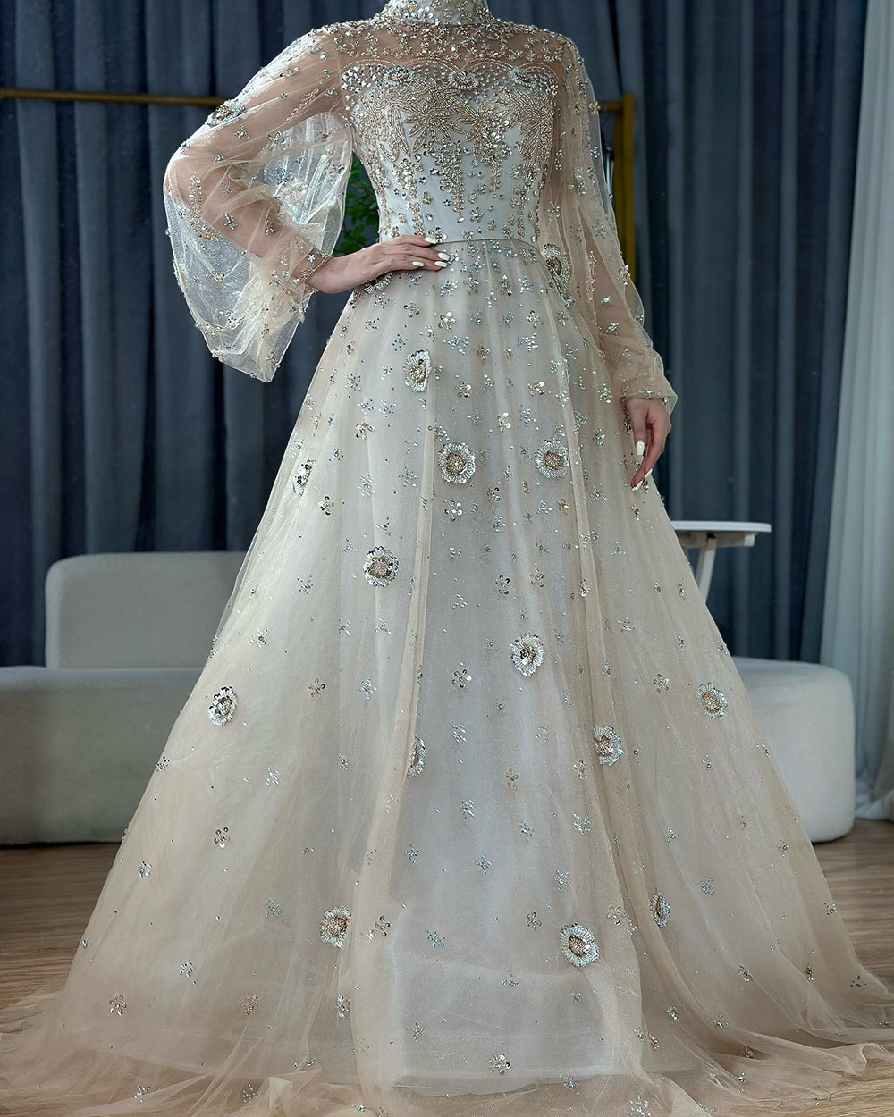 Elegant Champagne Evening Dress with Long Sleeves LA72594