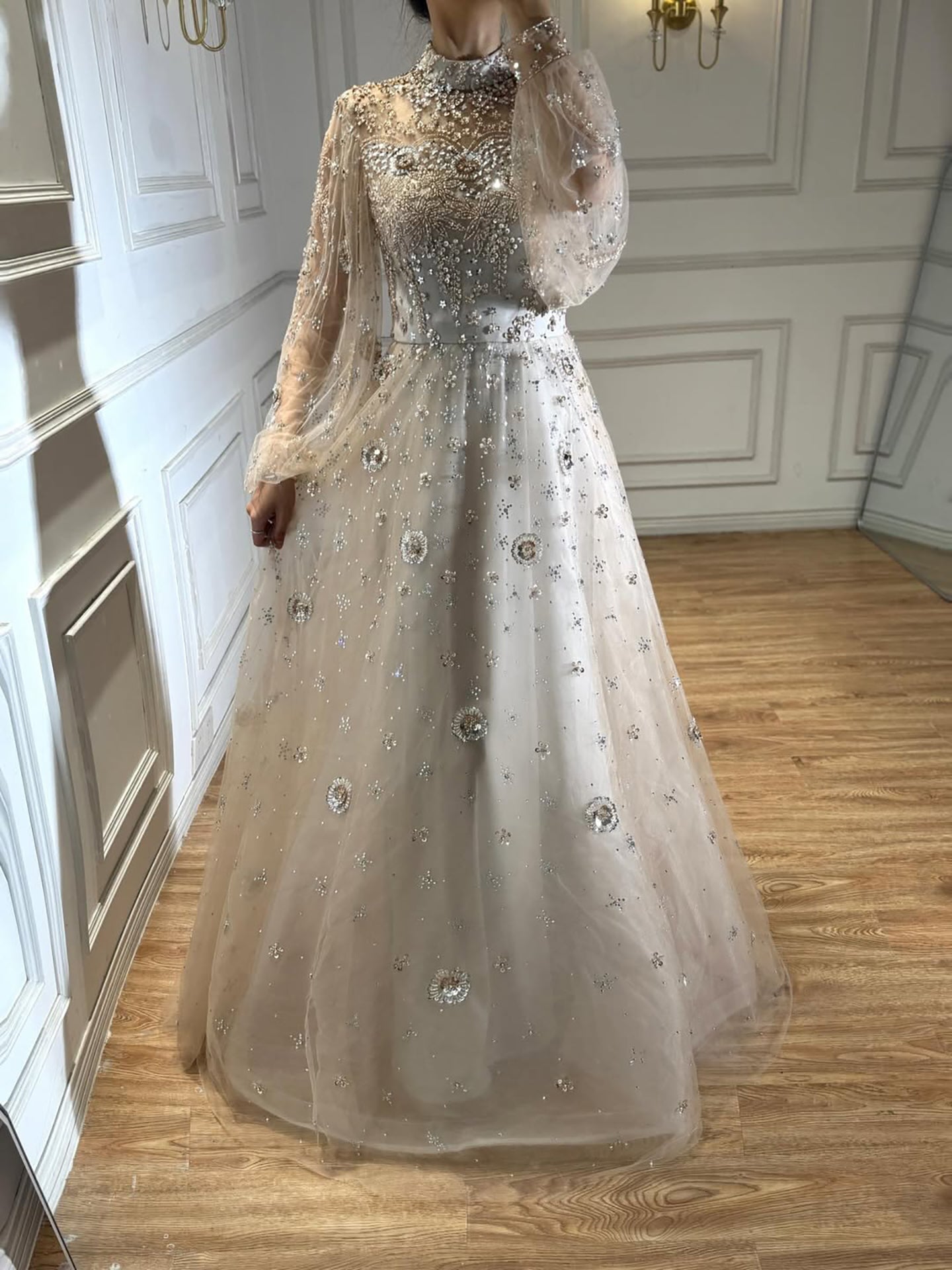 Elegant Champagne Evening Dress with Long Sleeves LA72594