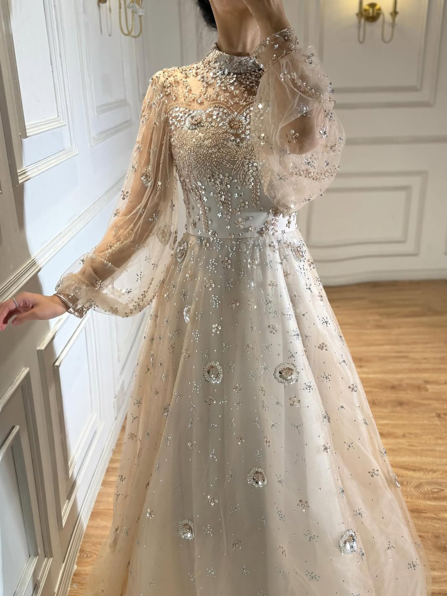 Elegant Champagne Evening Dress with Long Sleeves LA72594
