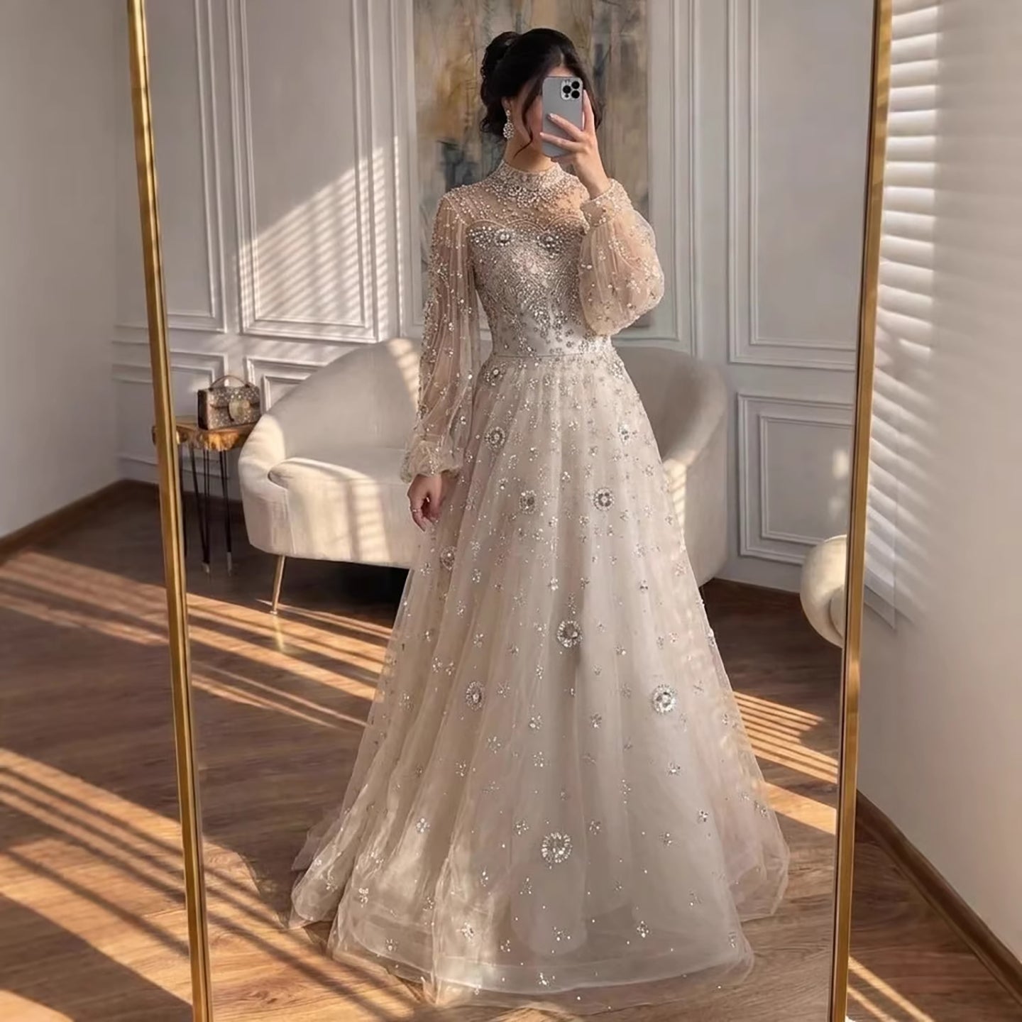 Elegant Champagne Evening Dress with Long Sleeves LA72594