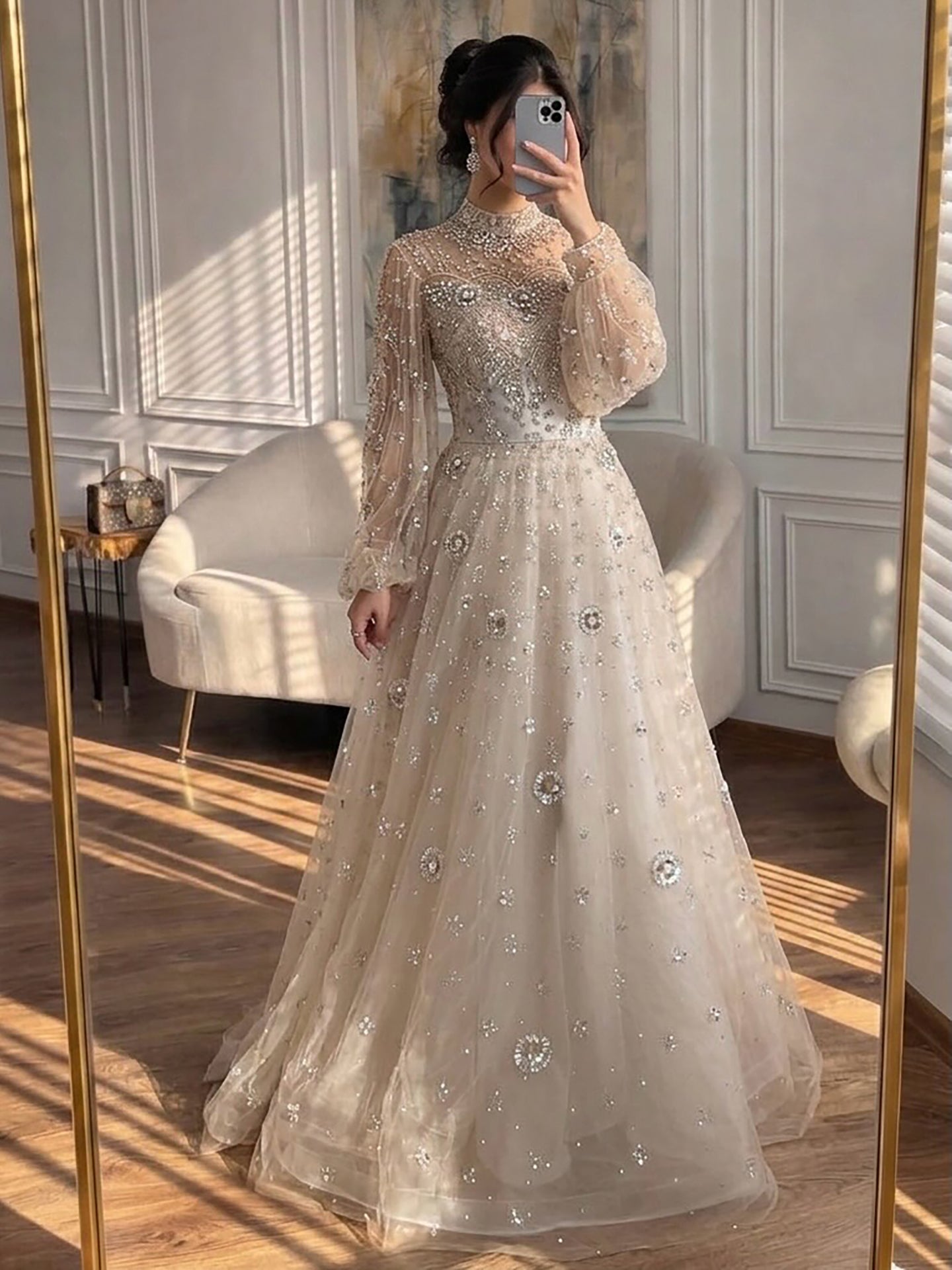 Elegant Champagne Evening Dress with Long Sleeves LA72594