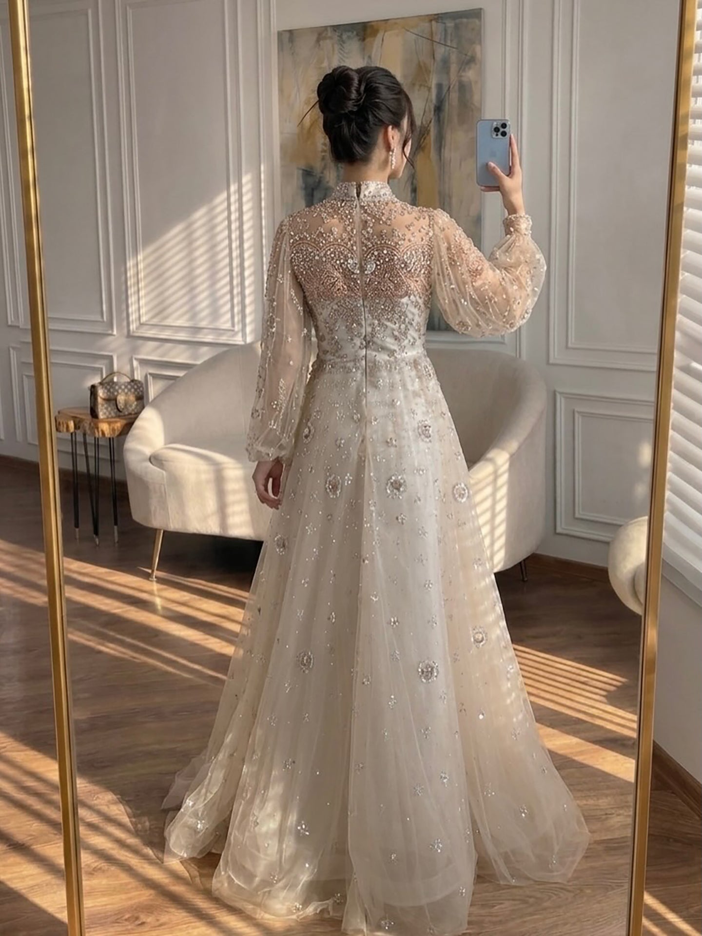 Elegant Champagne Evening Dress with Long Sleeves LA72594