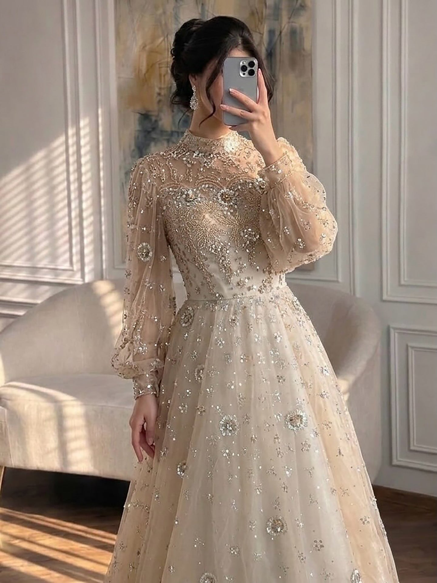 Elegant Champagne Evening Dress with Long Sleeves LA72594