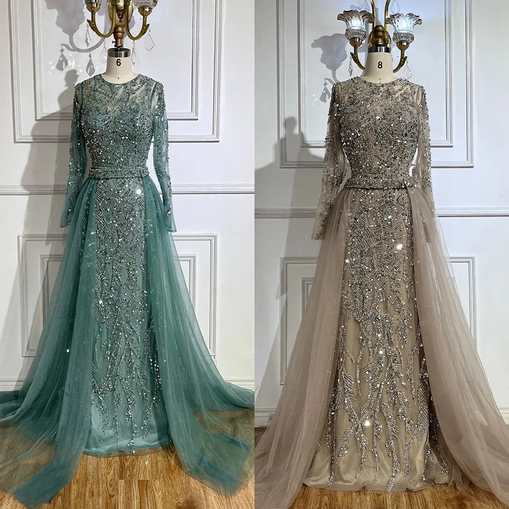 Luxury Dubai Turquoise Beaded Evening Dress with Tulle LA72601 - SERENE HILL