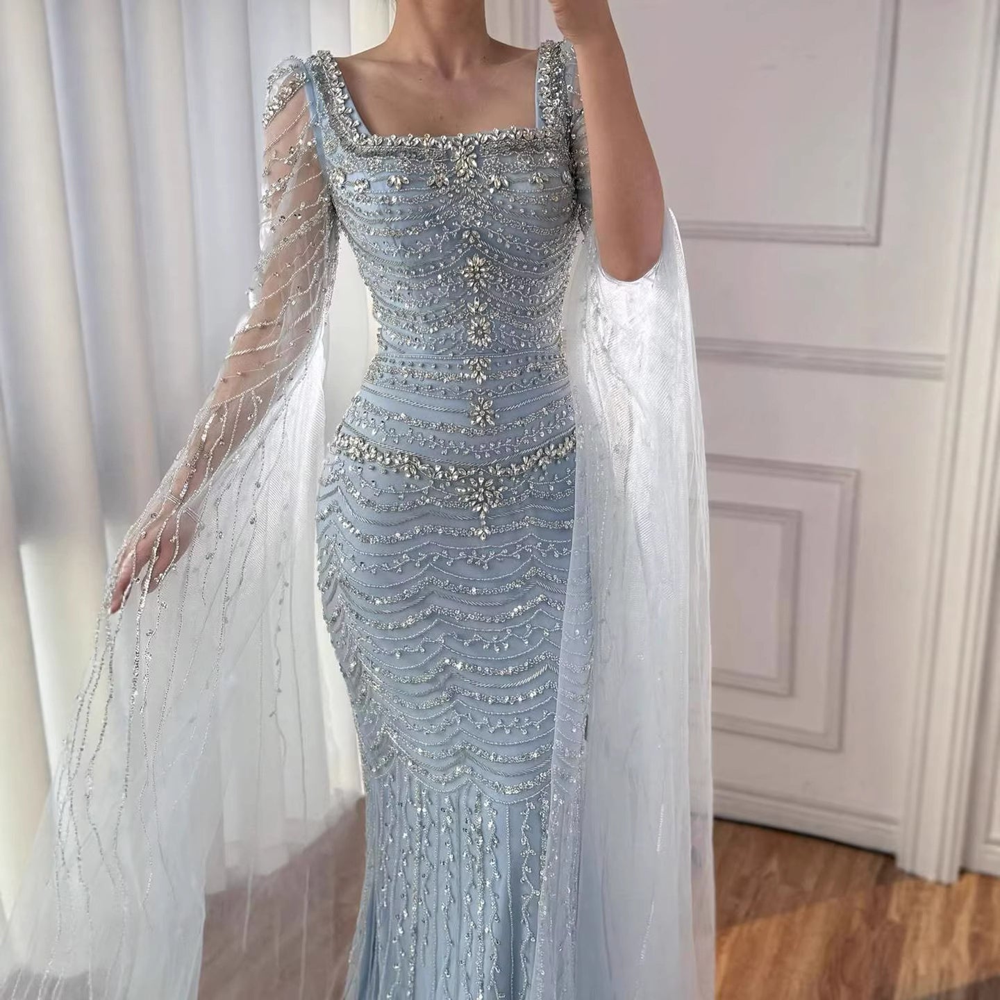 Luxury Beaded Caramel Evening Dress with Cape Sleeve LA72604