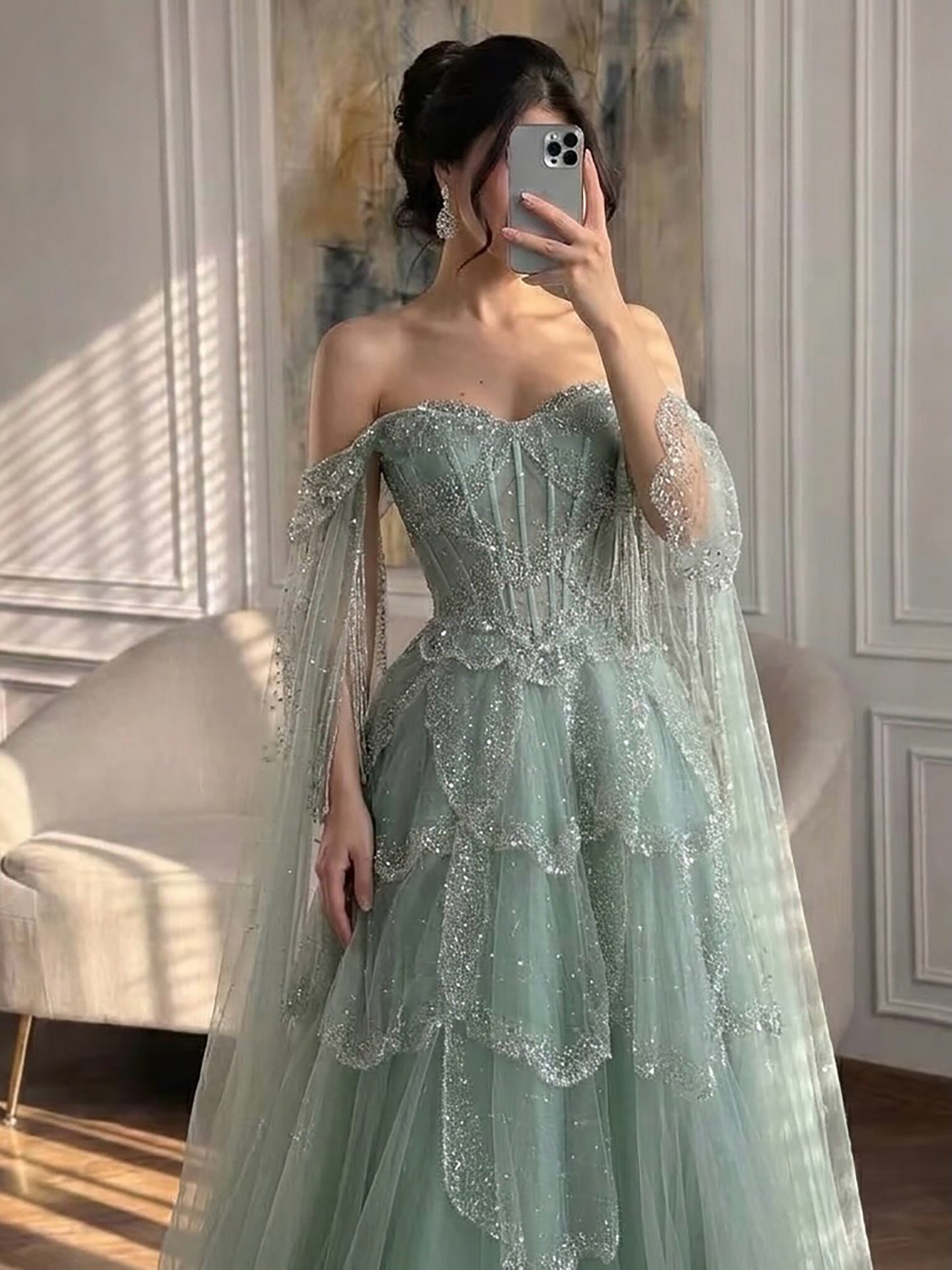 Luxury Arabic Sage Green Beaded A-Line Evening Dress with Cape LA72605A SERENE HILL