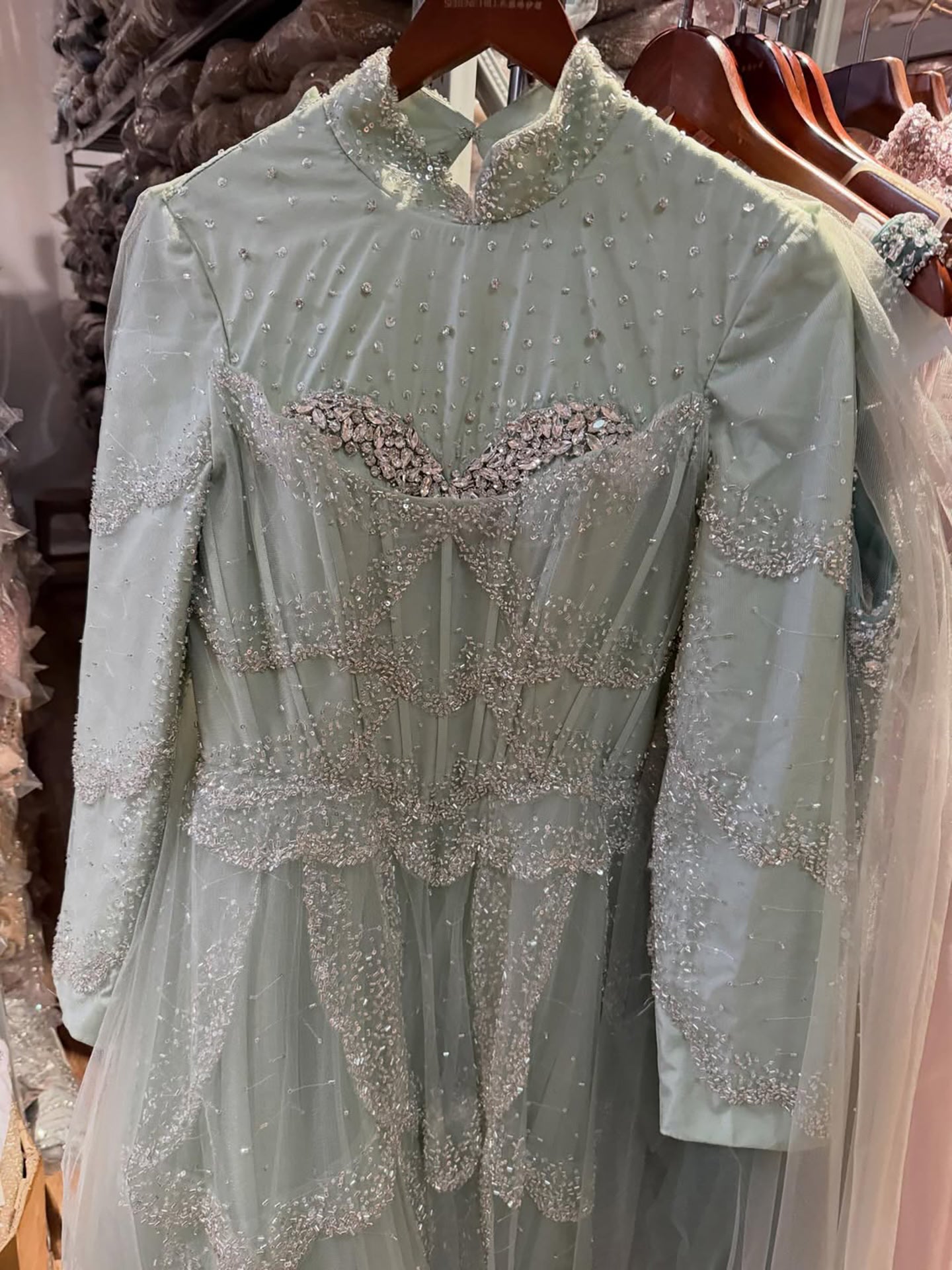 Luxury Sage Green Beaded Evening Dress with Cape LA72605B