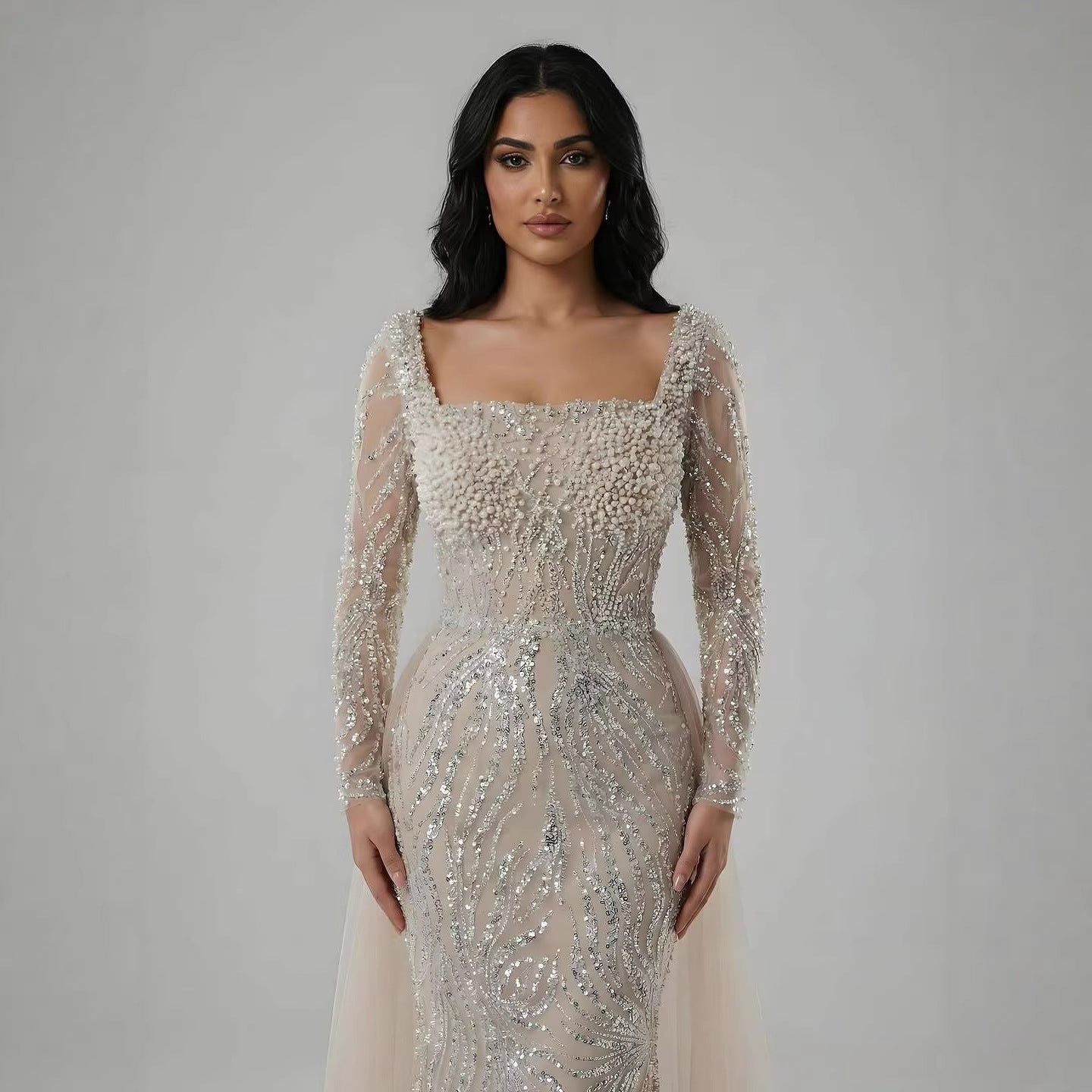 Luxury Saudi Arabic Beige Pearl Beaded Mermaid Evening Dress LA72634B