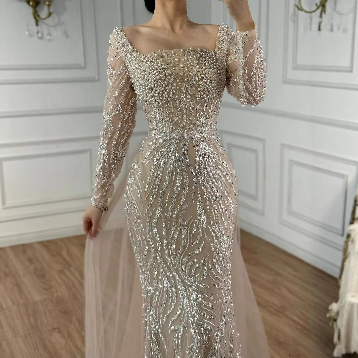 Luxury Saudi Arabic Beige Pearl Beaded Mermaid Evening Dress LA72634B