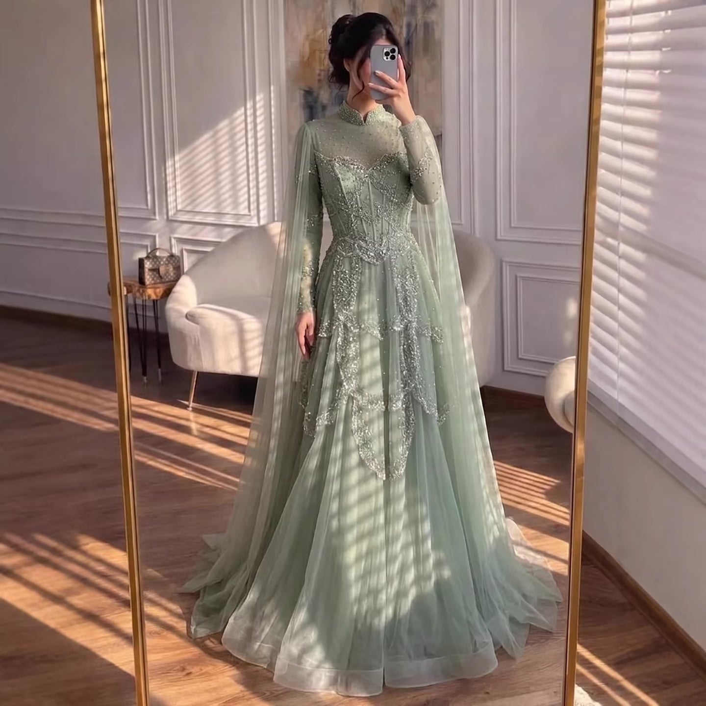 Luxury Sage Green Beaded Evening Dress with Cape LA72605B - SERENE HILL