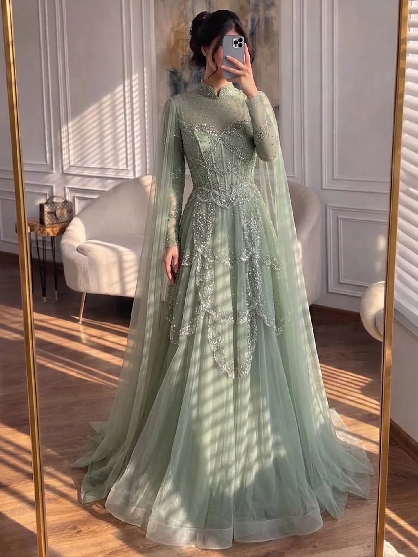 Luxury Sage Green Beaded Evening Dress with Cape LA72605B - SERENE HILL