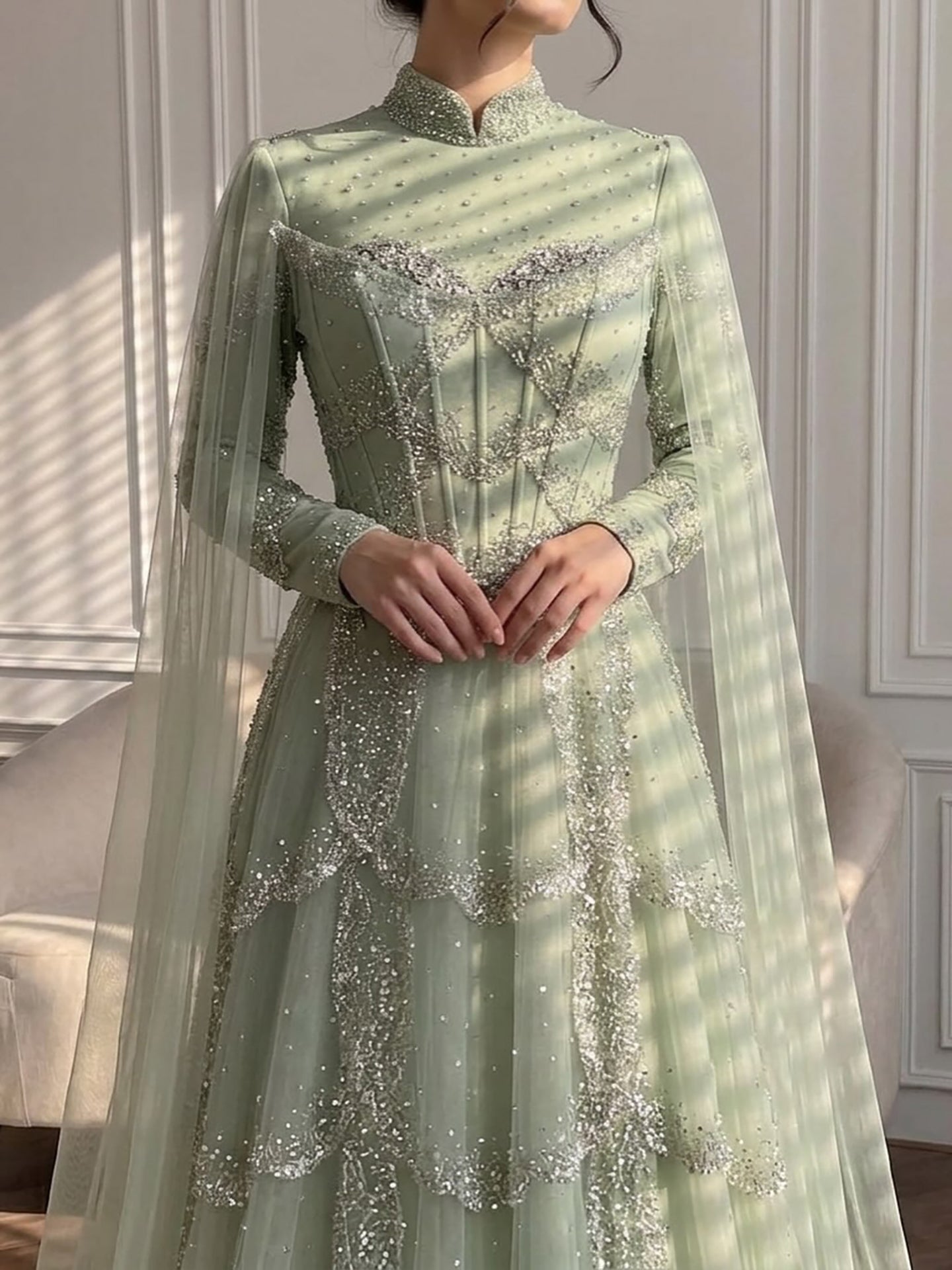 Luxury Sage Green Beaded Evening Dress with Cape LA72605B - SERENE HILL