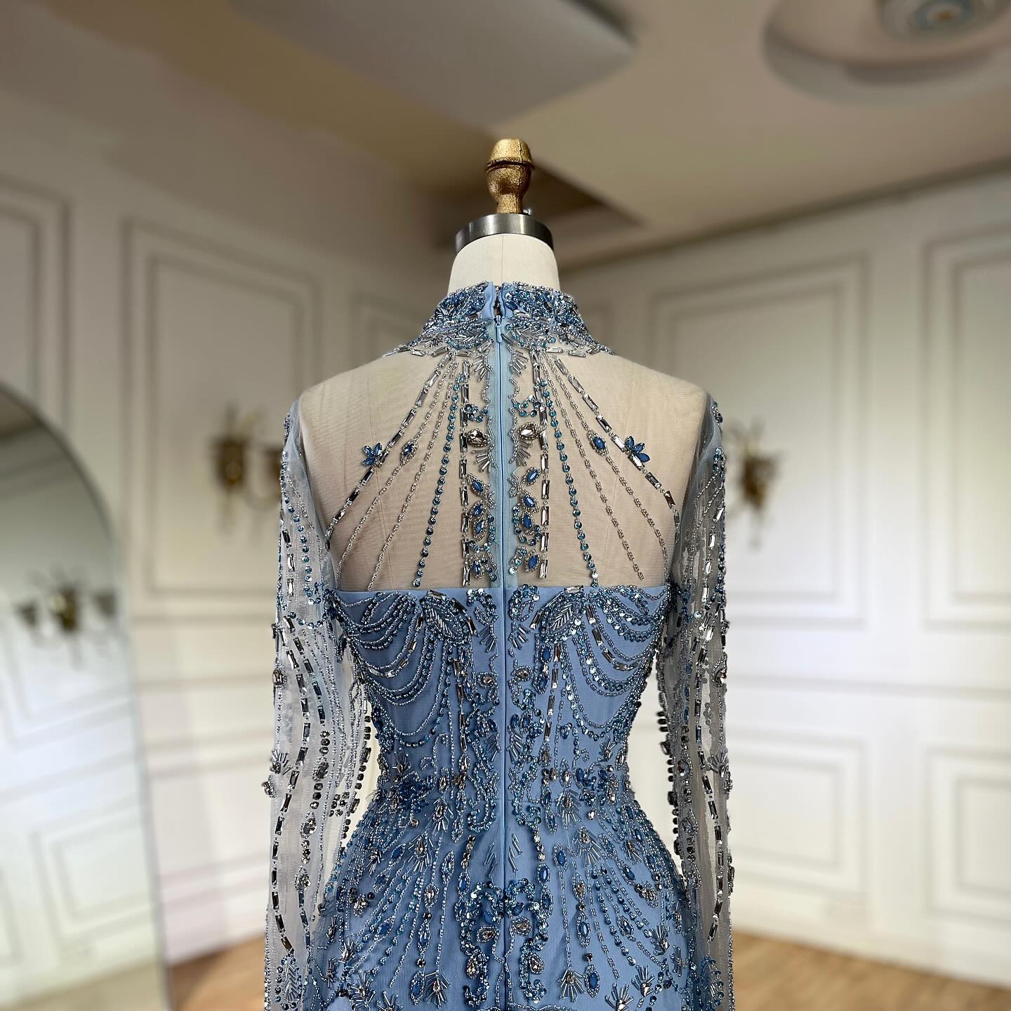 Luxury Dubai Designer Modest A-Line Blue Lace Beaded Evening Dresses LA72704 - SERENE HILL