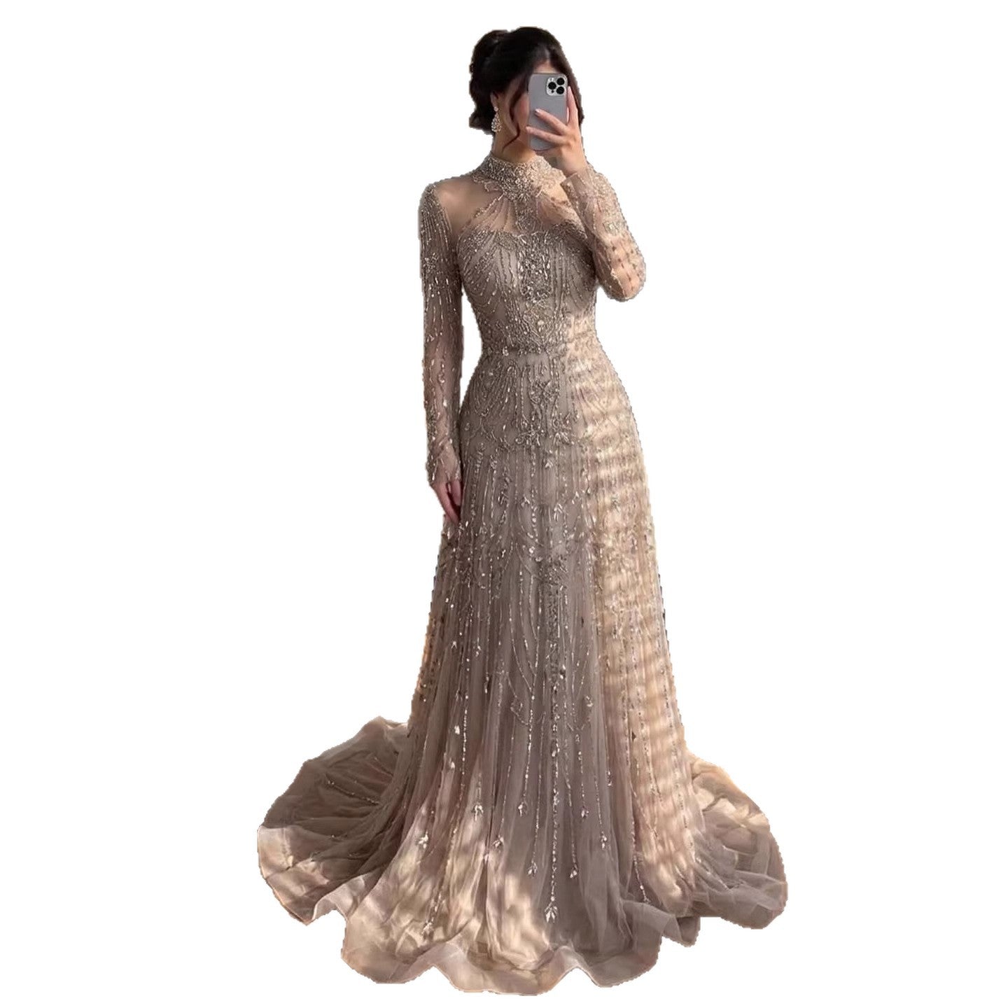 Luxury Dubai Designer Modest A-Line Blue Lace Beaded Evening Dresses LA72704 - SERENE HILL