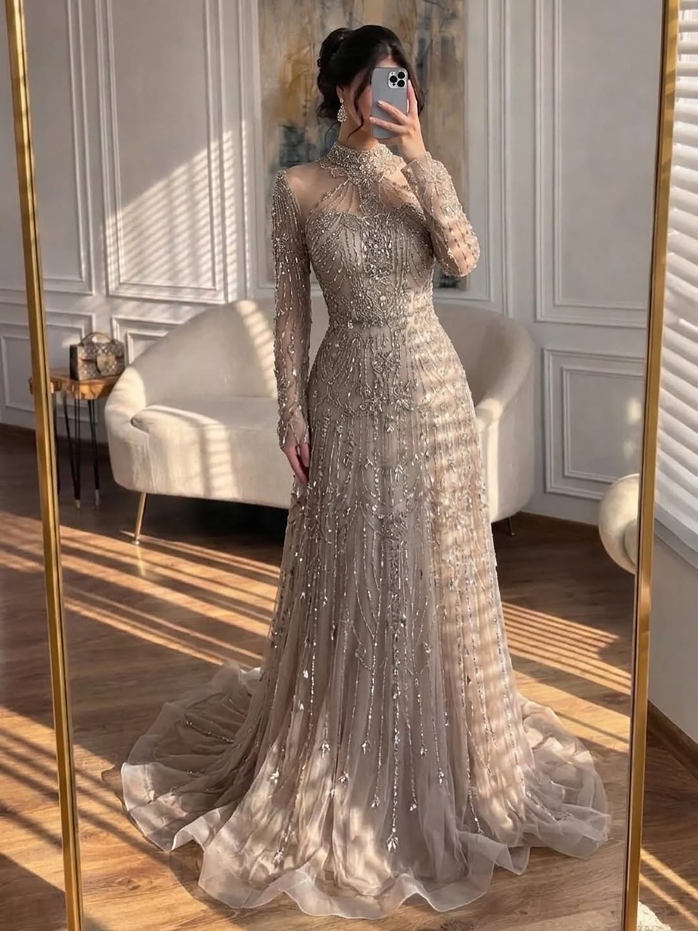Luxury Dubai Designer Modest A-Line Blue Lace Beaded Evening Dresses LA72704 - SERENE HILL