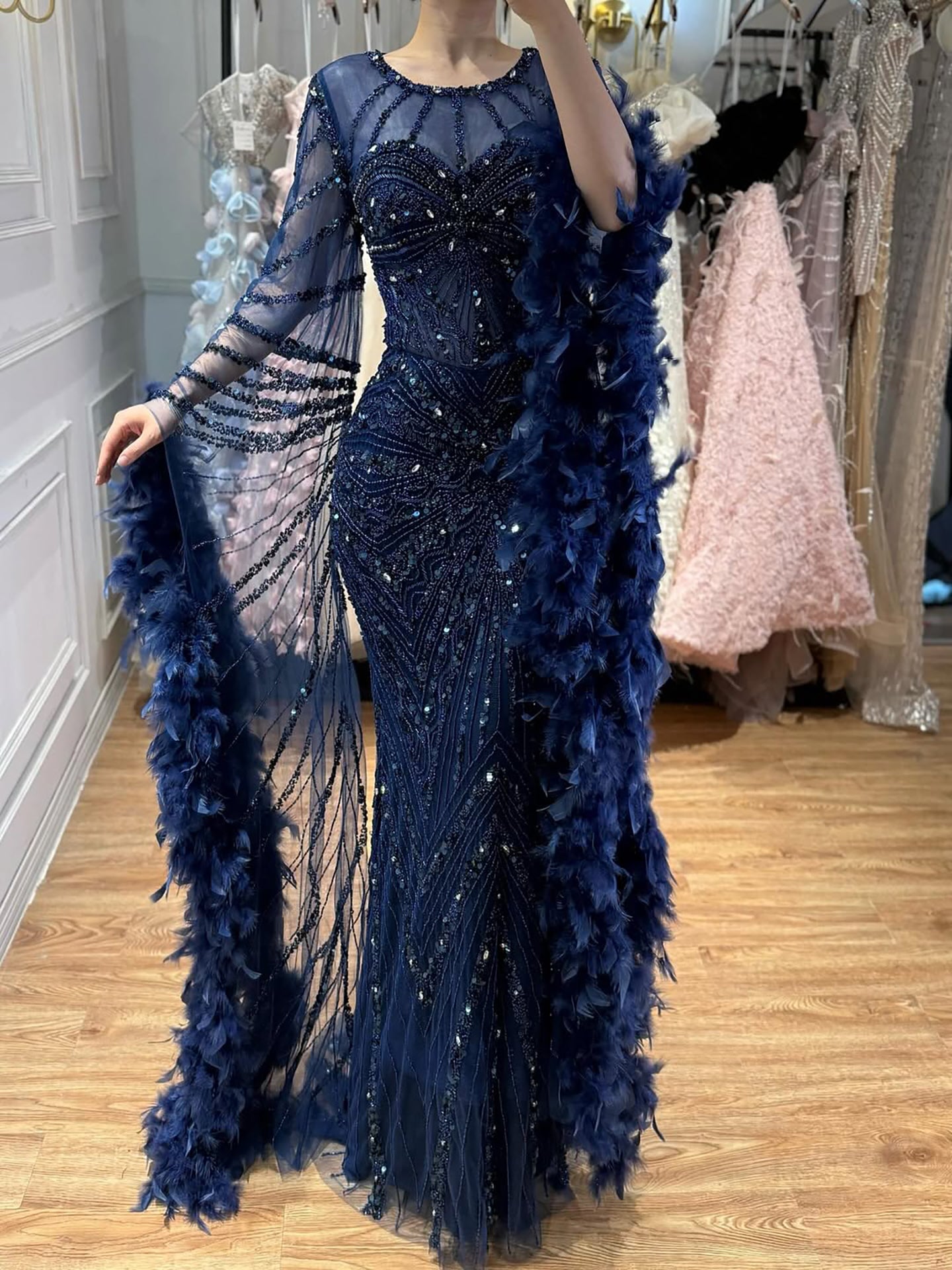 Luxury Modest Pink Feathers Long Cape Sleeves Mermaid Evening Dress LA72708A - SERENE HILL