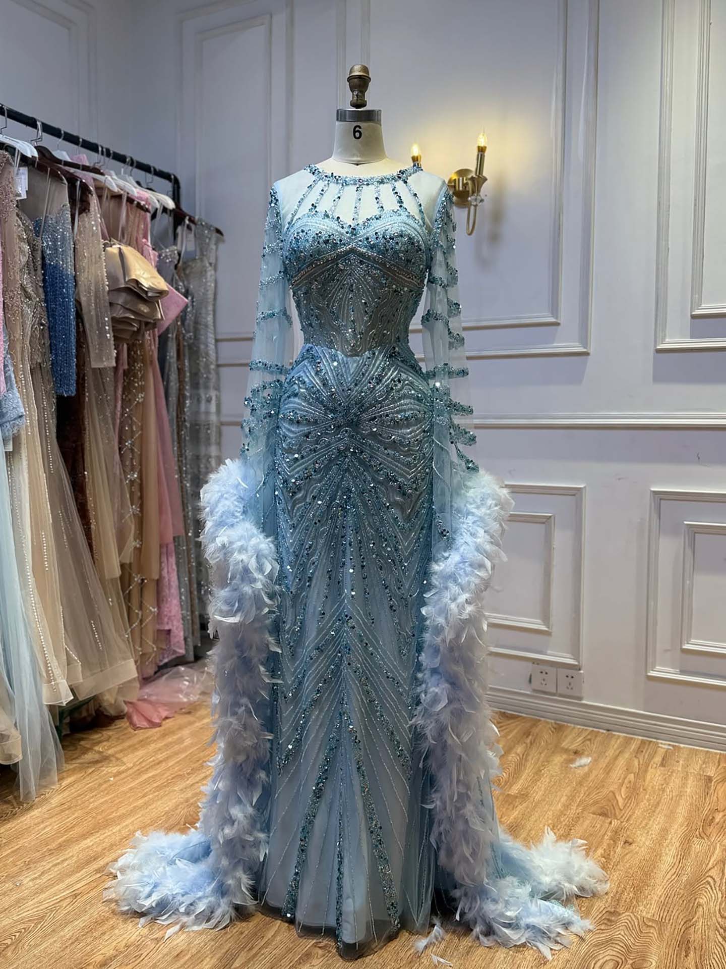 Luxury Blue Feather Beaded Illusion Long Sleeve Evening Dress LA72708B