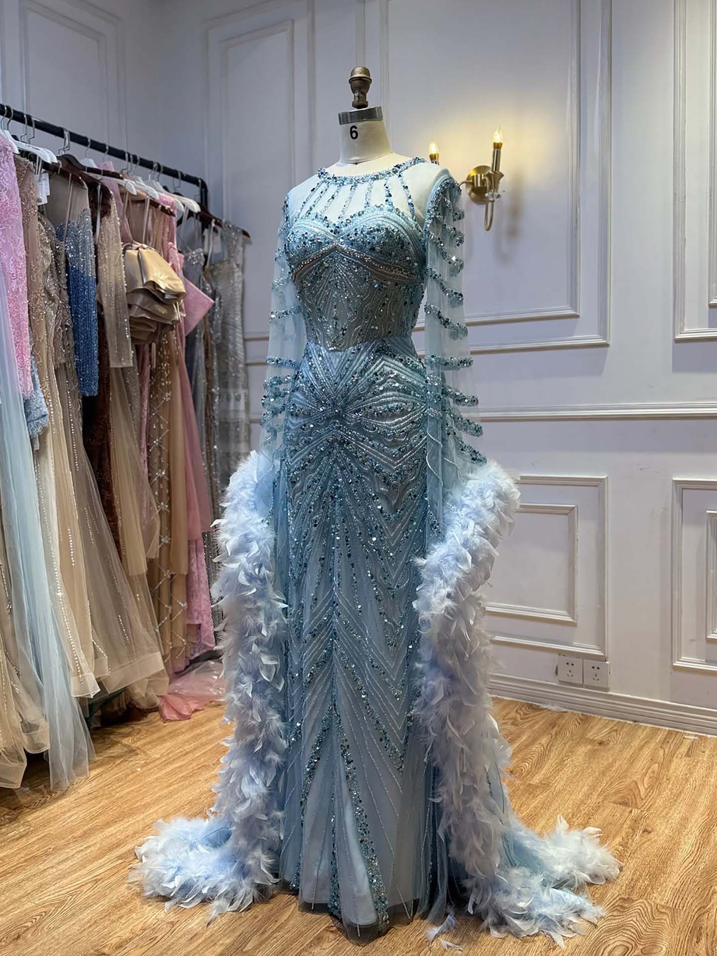 Luxury Blue Feather Beaded Illusion Long Sleeve Evening Dress LA72708B