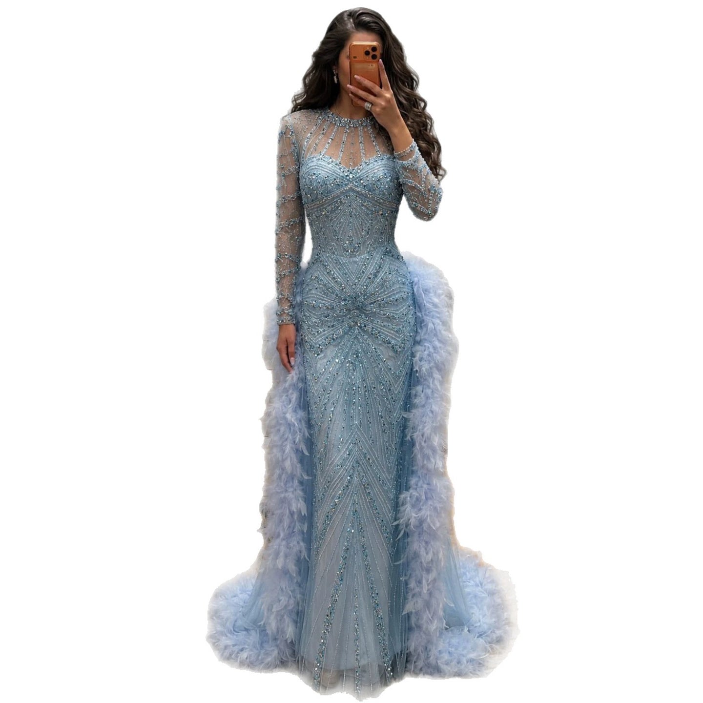 Luxury Blue Feather Beaded Illusion Long Sleeve Evening Dress LA72708B