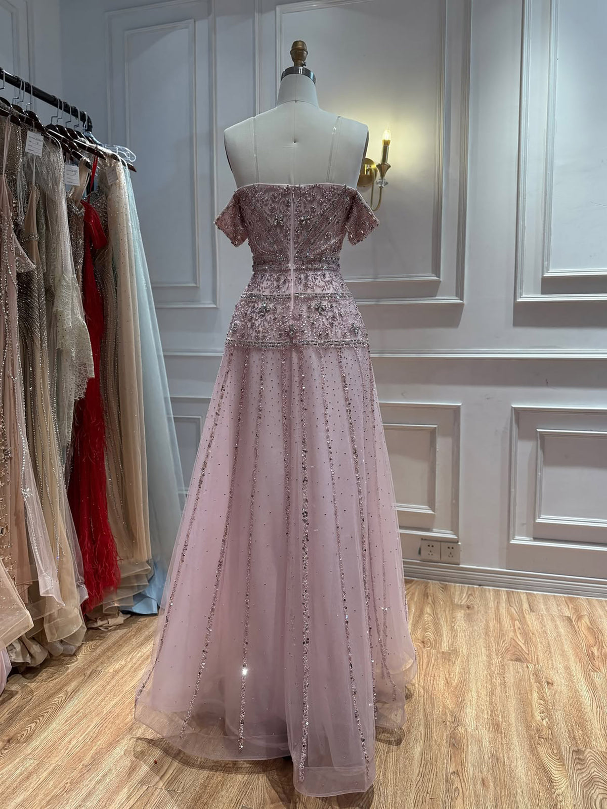 Luxury Caramel Off The Shoulder A-Line Beaded Evening Dress LA72709