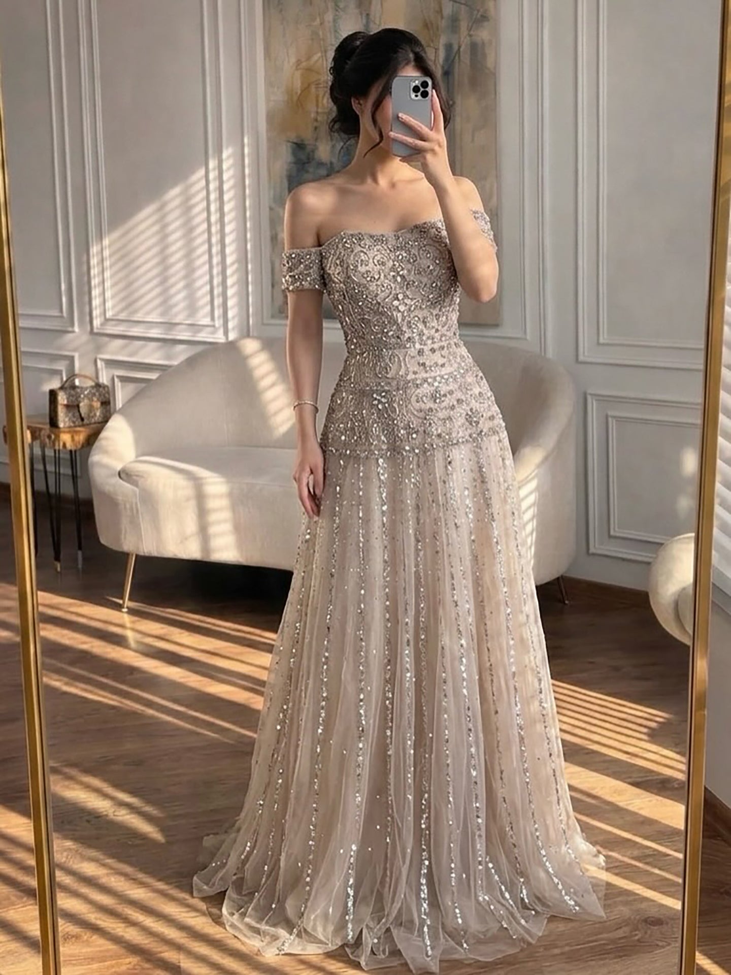 Luxury Caramel Off The Shoulder A-Line Beaded Evening Dress LA72709