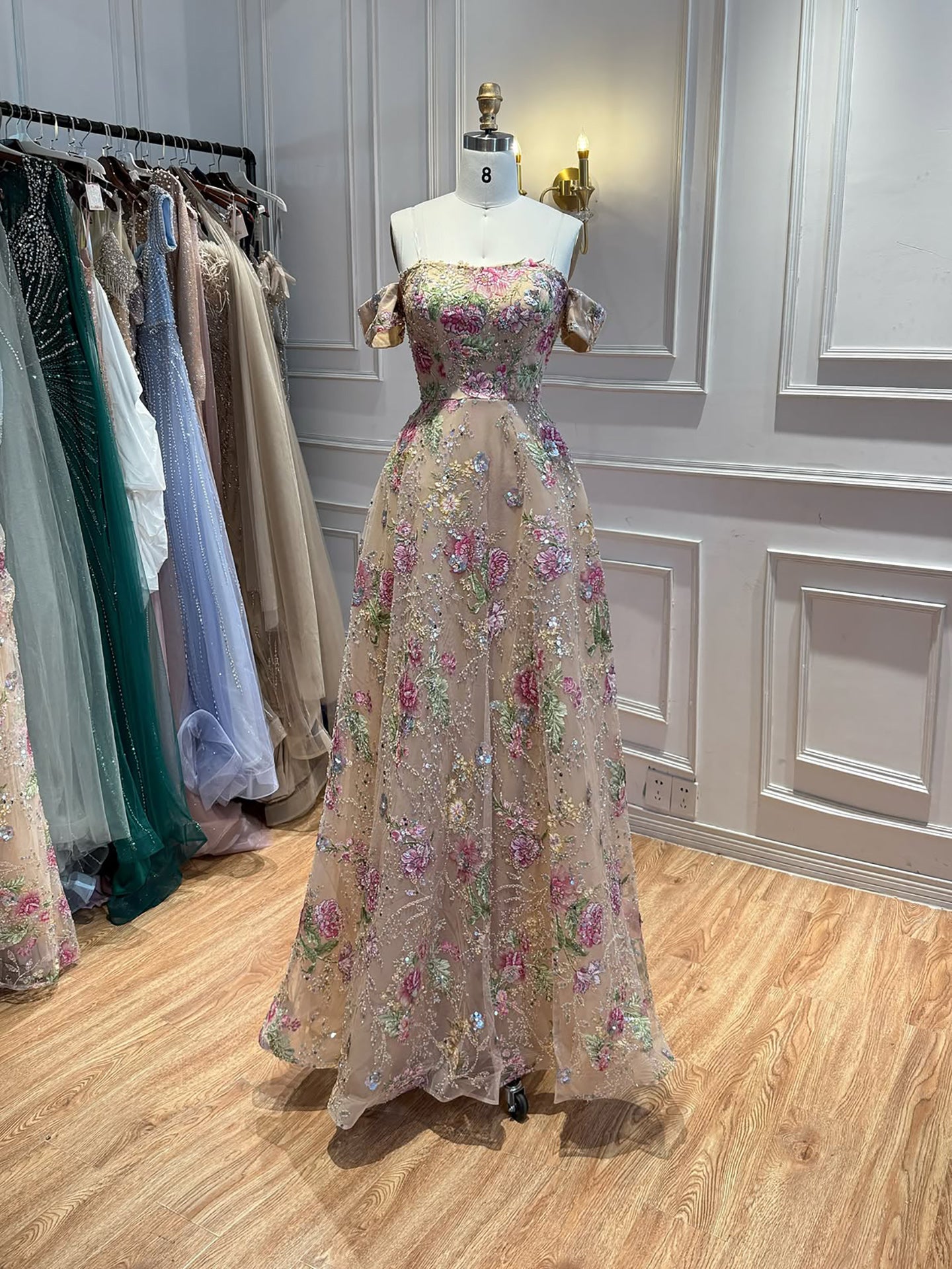 Luxury Nude Pink Off The Shoulder Floral Beaded A Line Dress LA72709A SERENE HILL