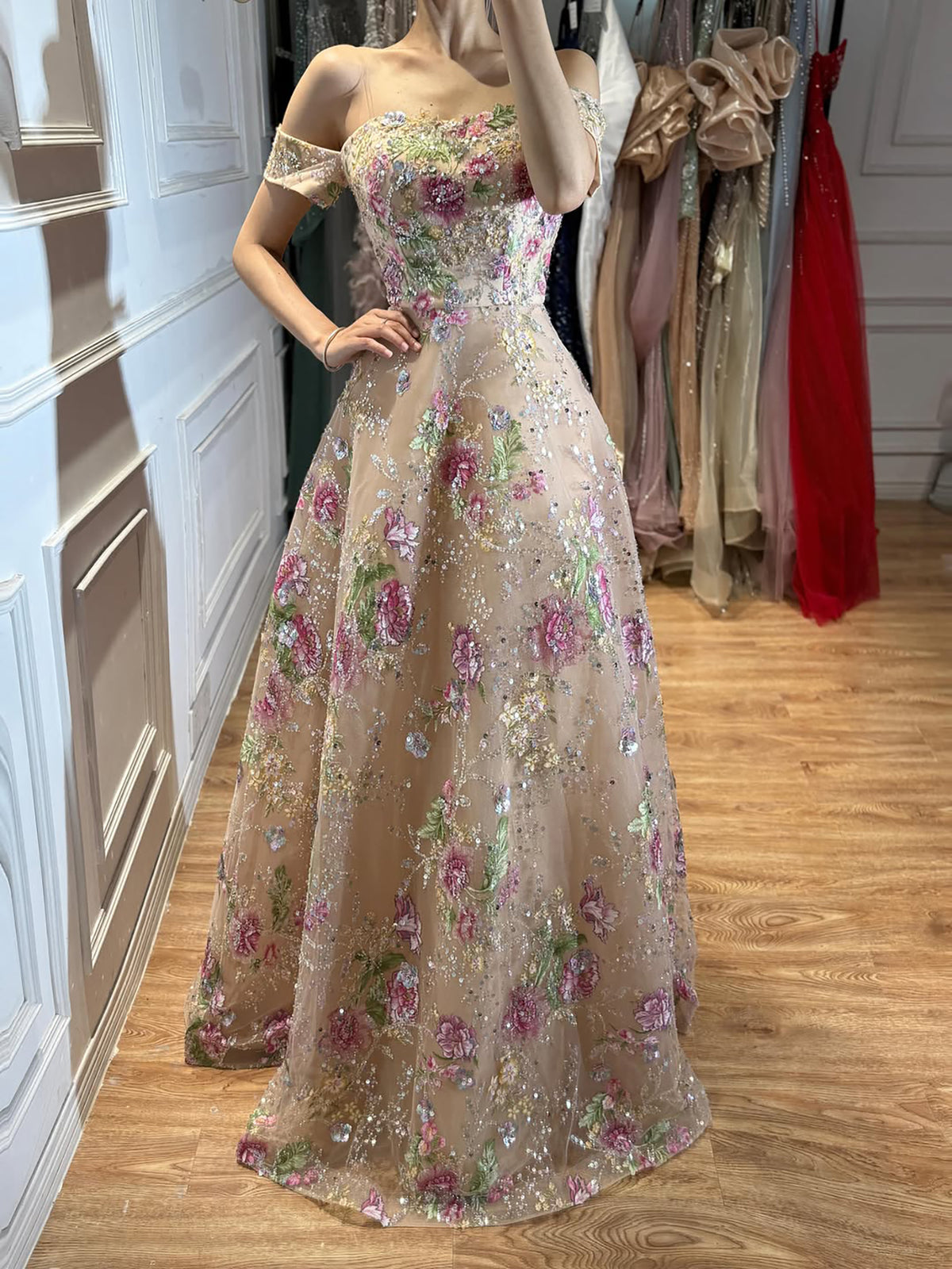 Luxury Nude Pink Off The Shoulder Floral Beaded A Line Dress LA72709A SERENE HILL