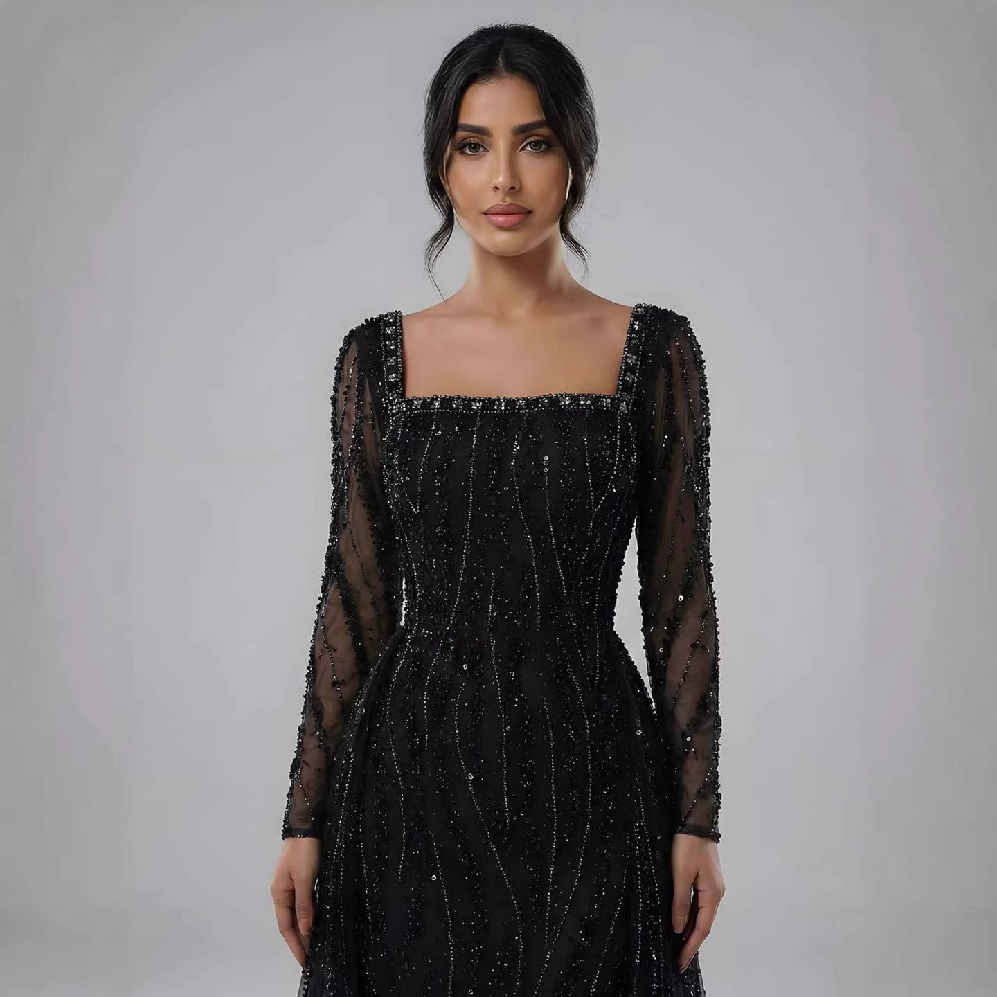 Luxury Modest Caramel Beaded Mermaid Evening Dress with Overskirt LA72710A - SERENE HILL