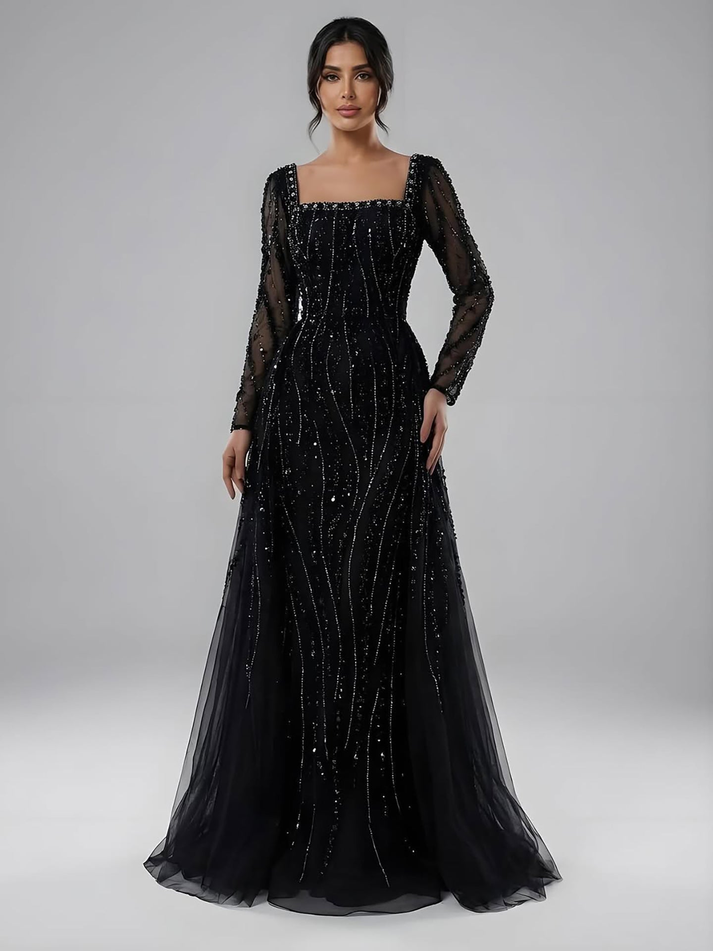 Luxury Modest Caramel Beaded Mermaid Evening Dress with Overskirt LA72710A - SERENE HILL