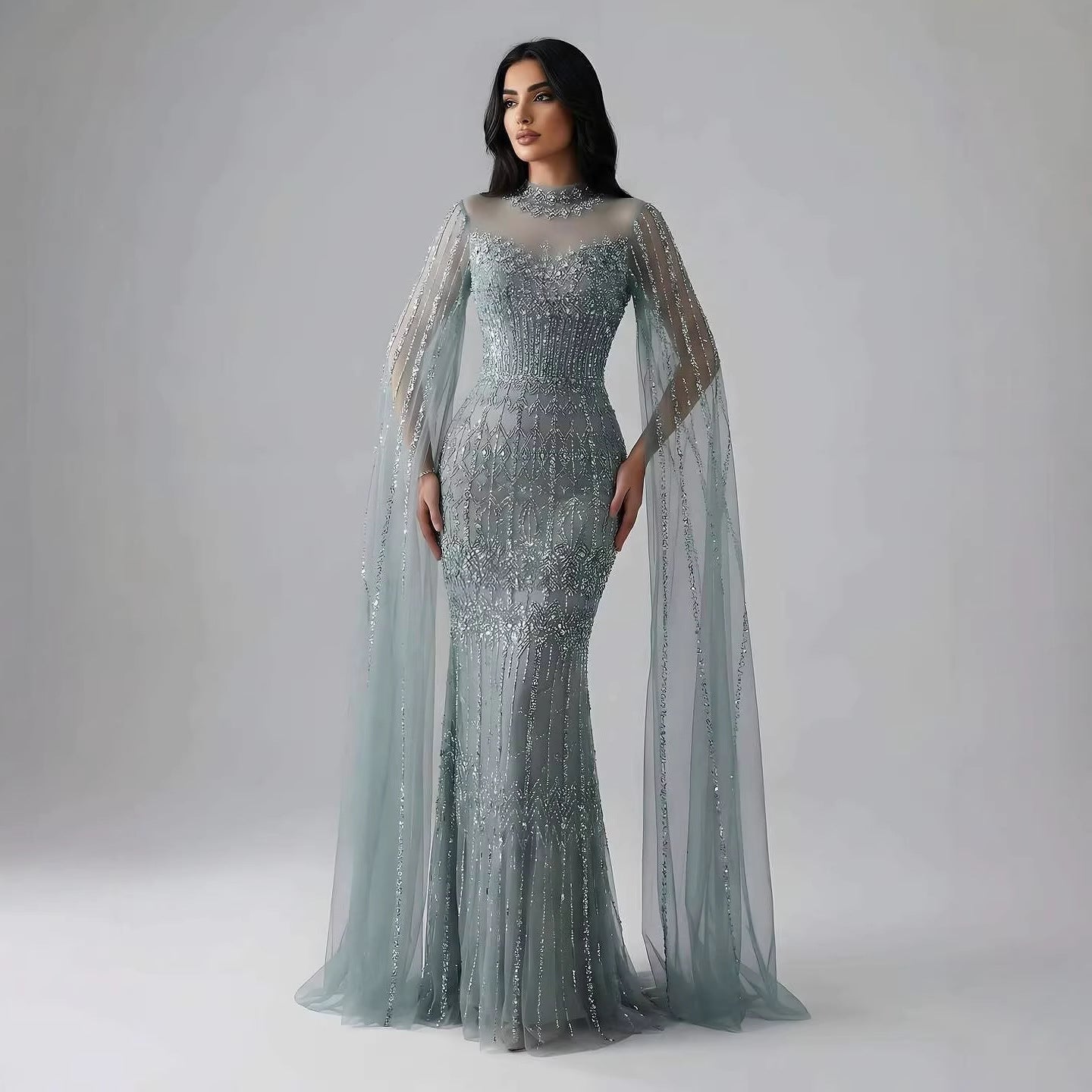 Luxury Arabic Blue Beaded Mermaid Evening Dress with Long Cape Sleeves LA72714AA - SERENE HILL