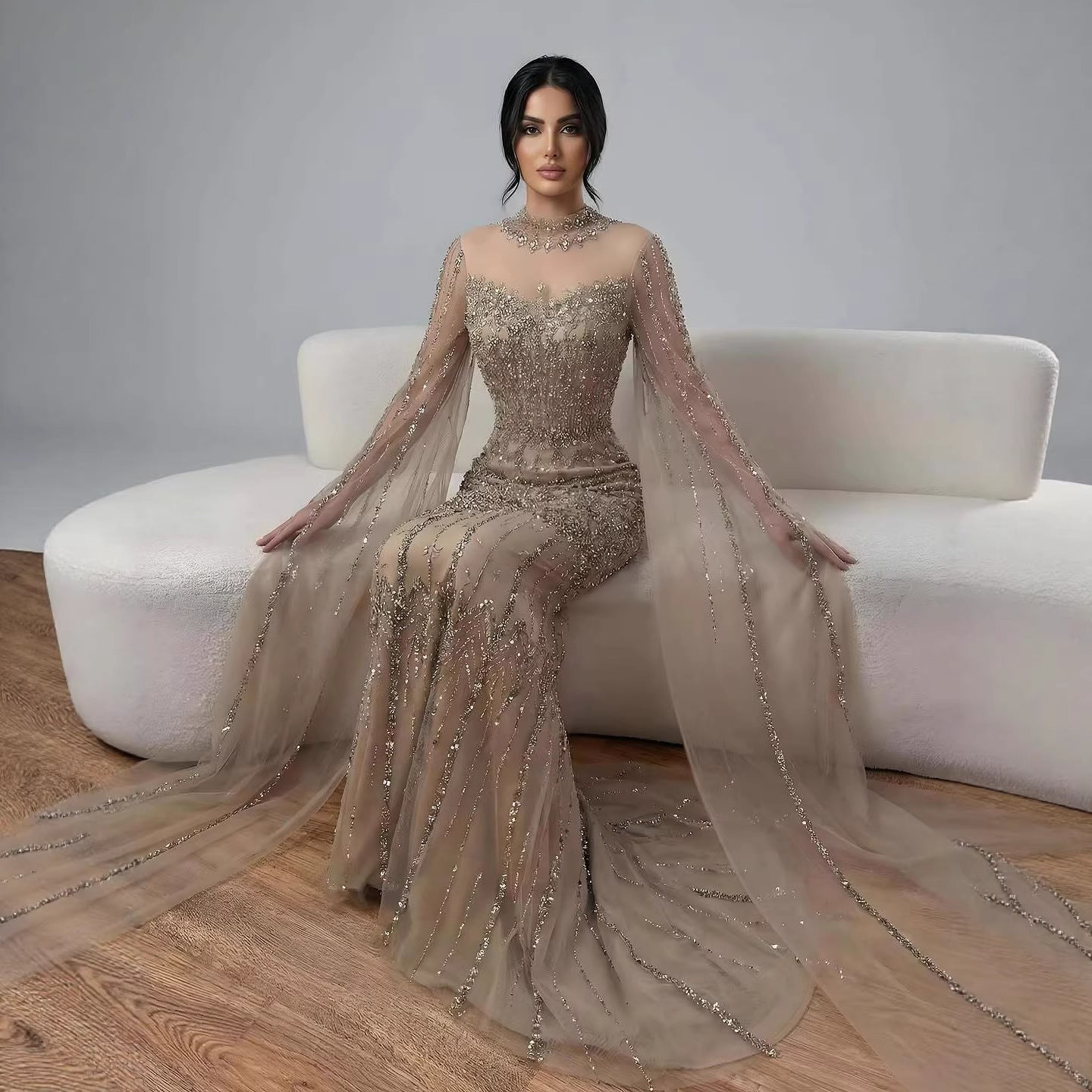Luxury Arabic Blue Beaded Mermaid Evening Dress with Long Cape Sleeves LA72714AA - SERENE HILL