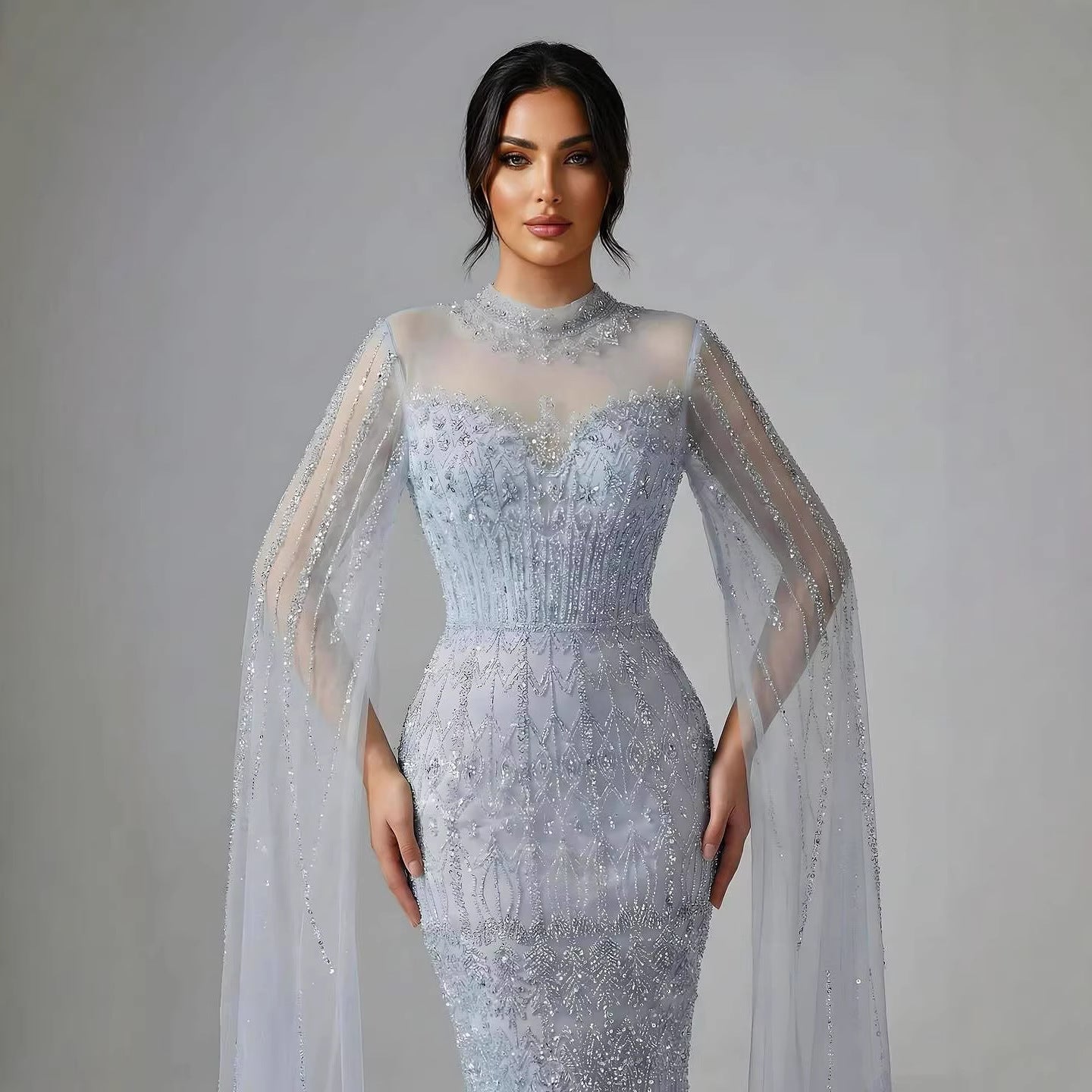 Luxury Arabic Blue Beaded Mermaid Evening Dress with Long Cape Sleeves LA72714AA - SERENE HILL