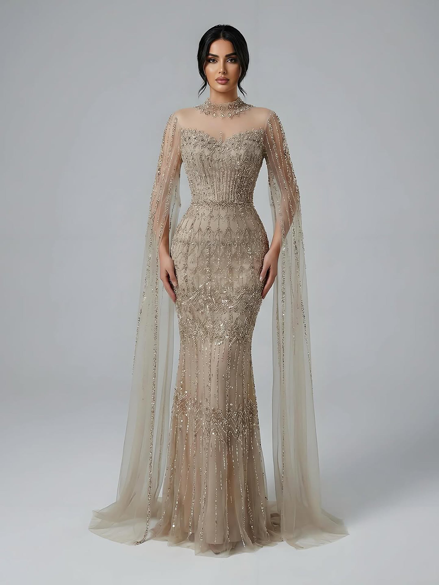 Luxury Arabic Blue Beaded Mermaid Evening Dress with Long Cape Sleeves LA72714AA - SERENE HILL