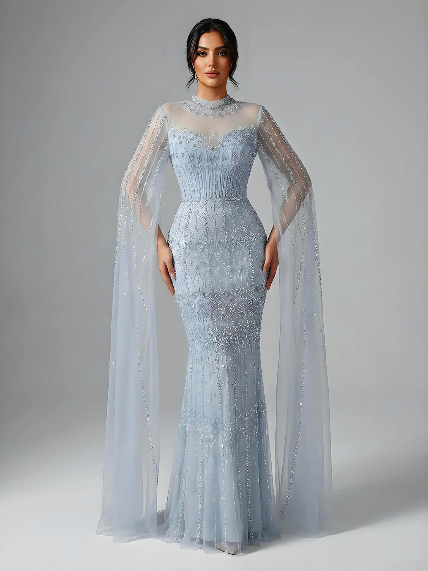 Luxury Arabic Blue Beaded Mermaid Evening Dress with Long Cape Sleeves LA72714AA - SERENE HILL