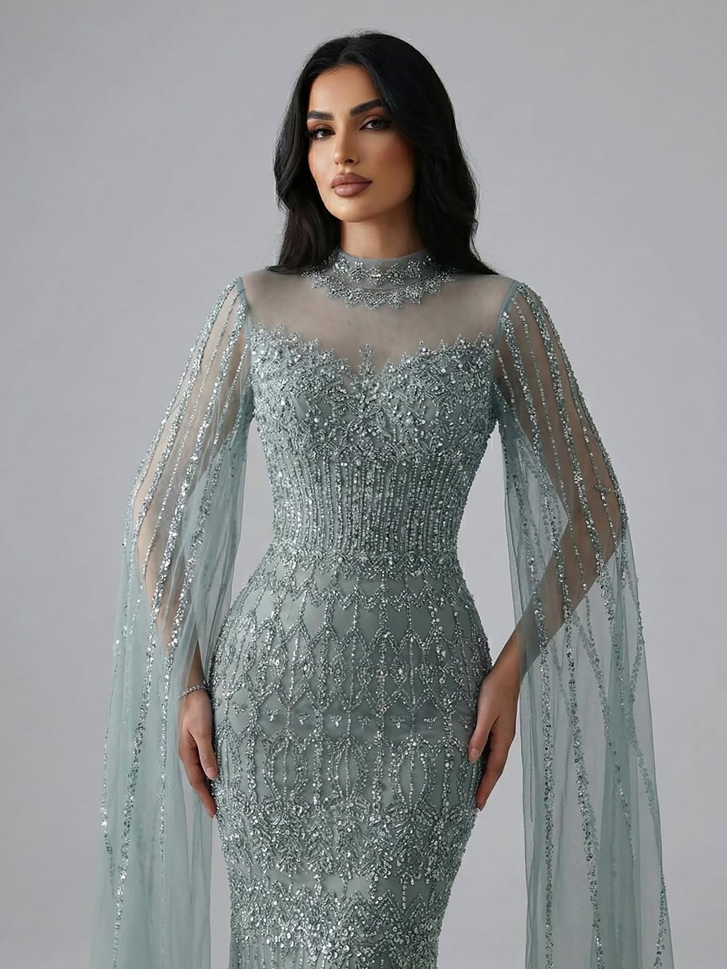 Luxury Arabic Blue Beaded Mermaid Evening Dress with Long Cape Sleeves LA72714AA - SERENE HILL